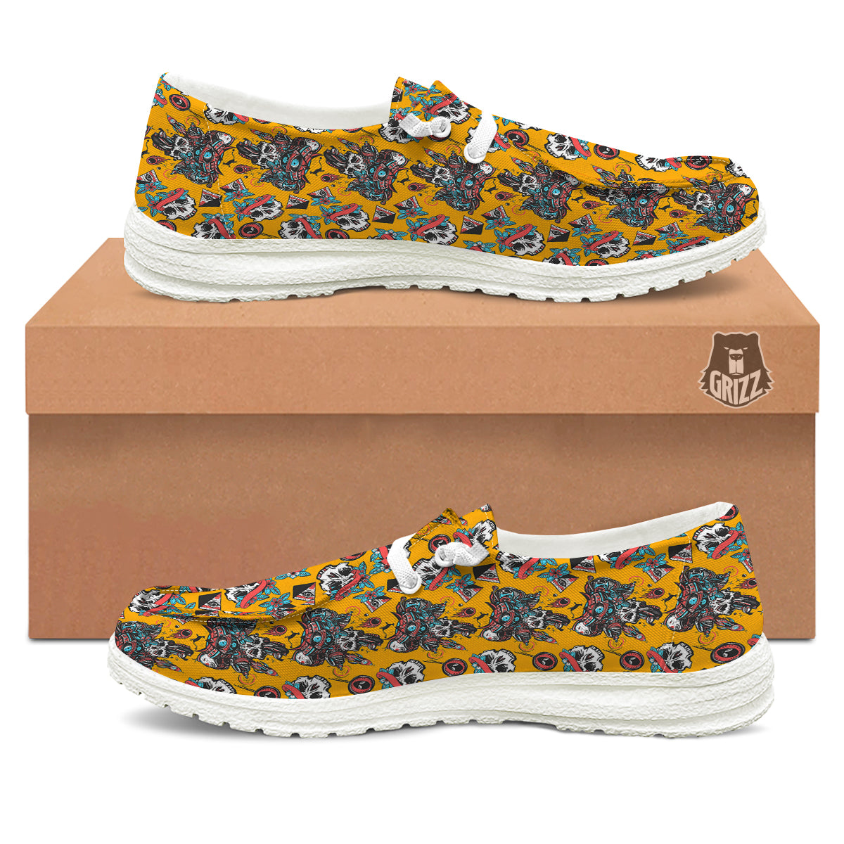 Yellow Skull Old School Tattoo Print Pattern White Loafers-grizzshop