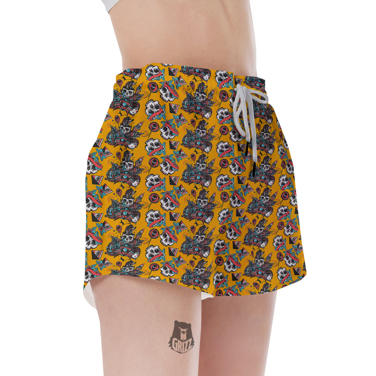 Yellow Skull Old School Tattoo Print Pattern Women's Shorts-grizzshop