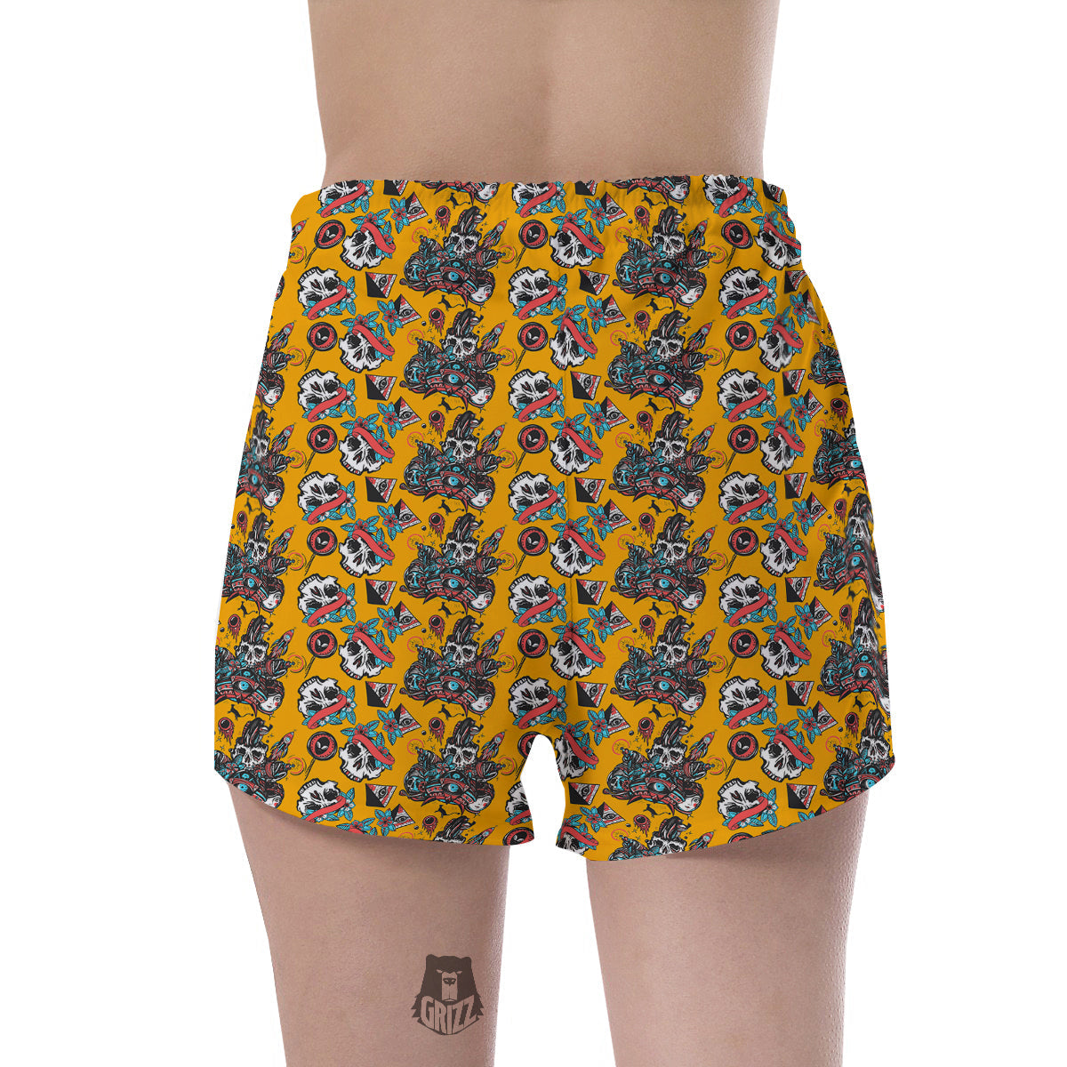 Yellow Skull Old School Tattoo Print Pattern Women's Shorts-grizzshop