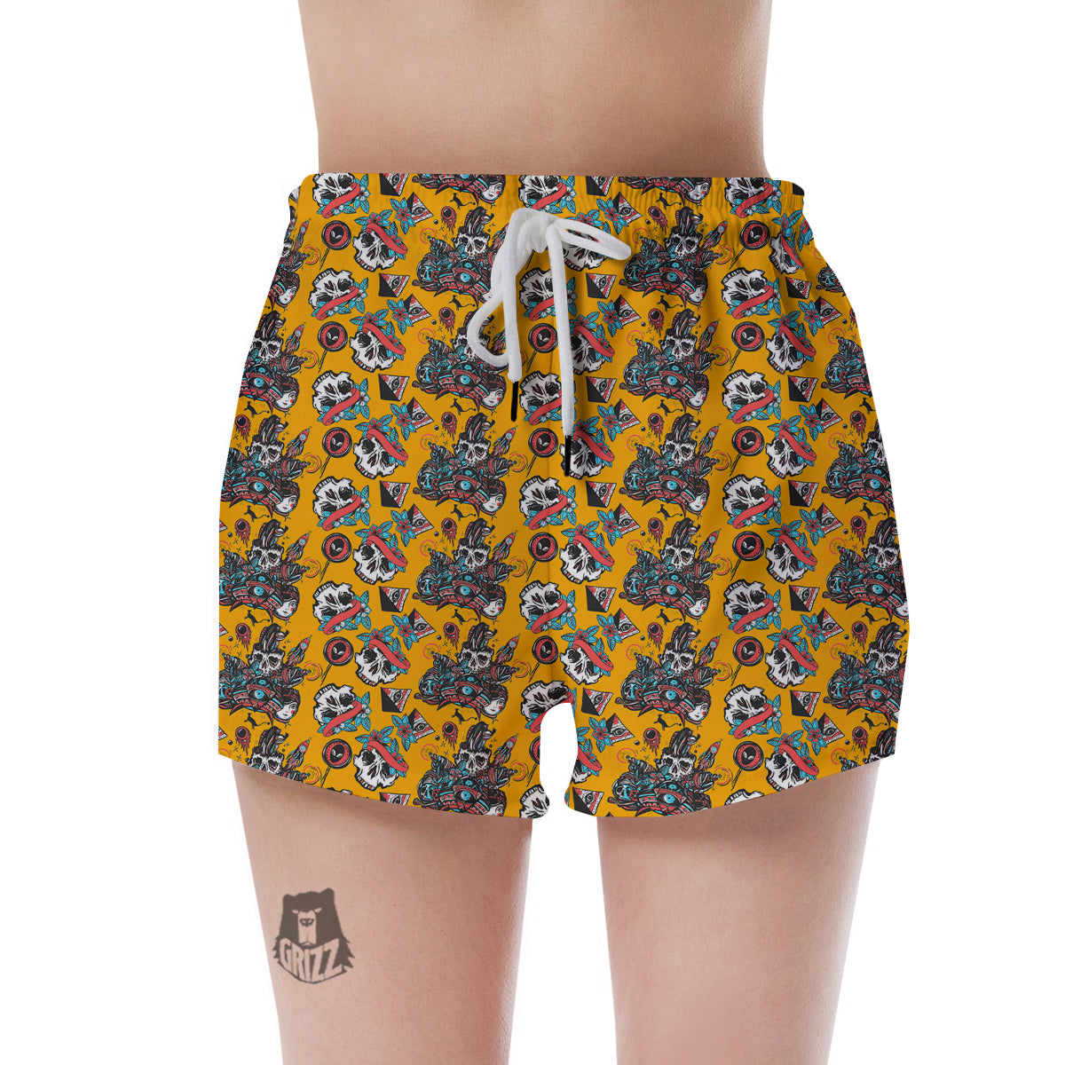 Yellow Skull Old School Tattoo Print Pattern Women's Shorts-grizzshop