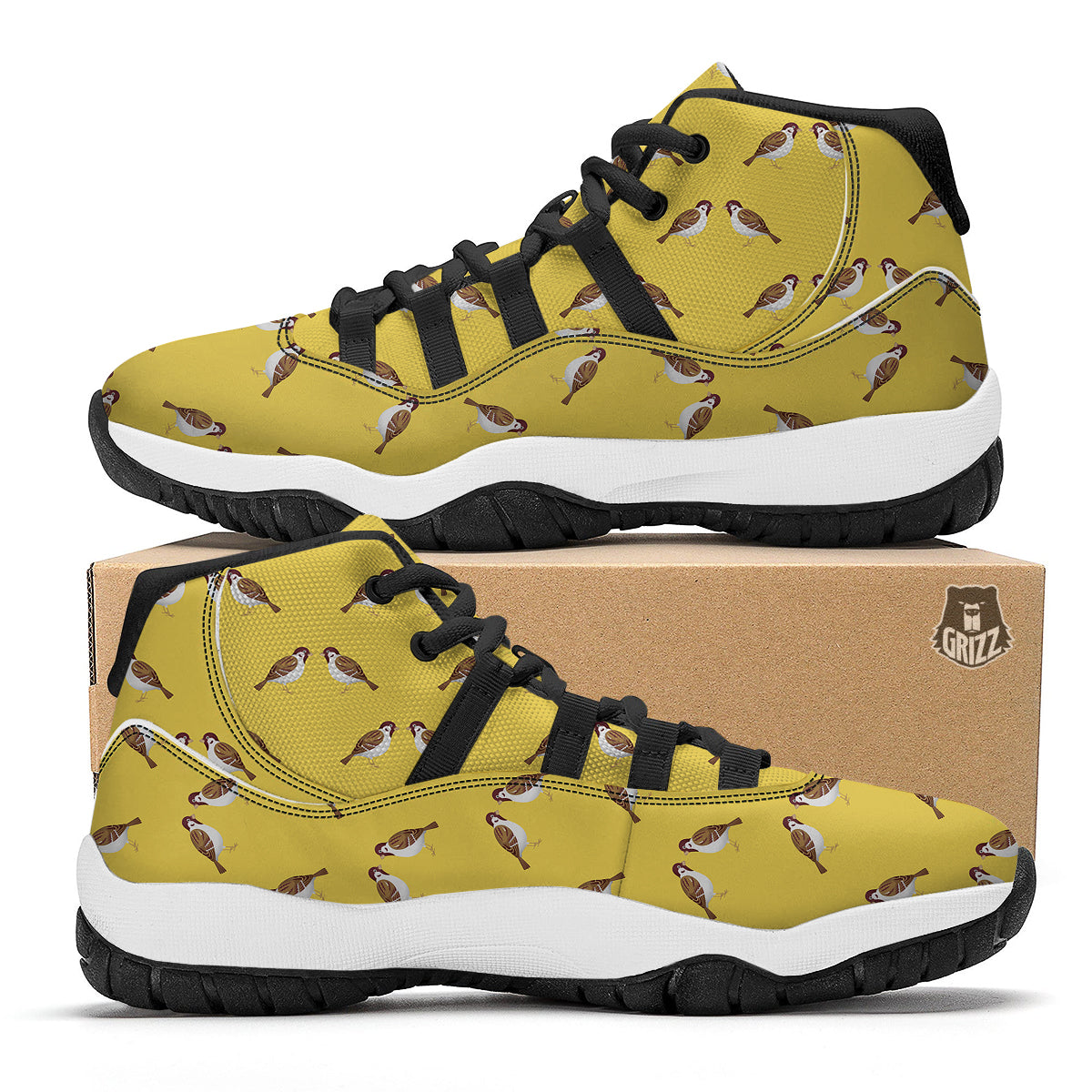Yellow Sparrow Print Pattern Black Bball Shoes-grizzshop