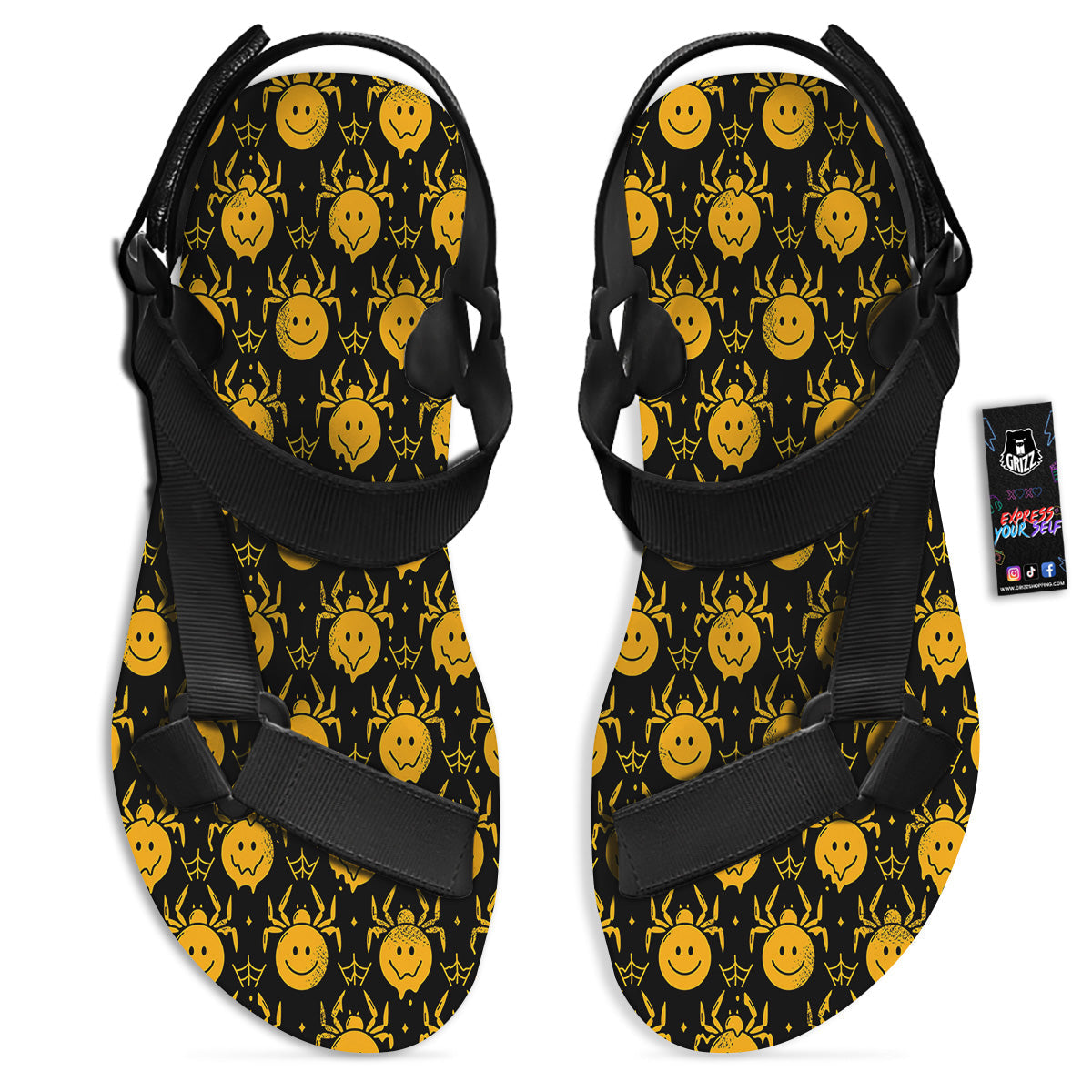 Yellow Spider Psychedelic Melt Print Pattern Black Open Toe Sandals-grizzshop