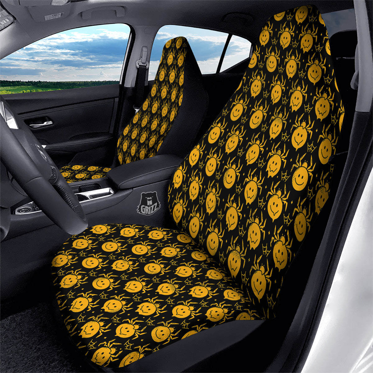 Yellow Spider Psychedelic Melt Print Pattern Car Seat Covers-grizzshop