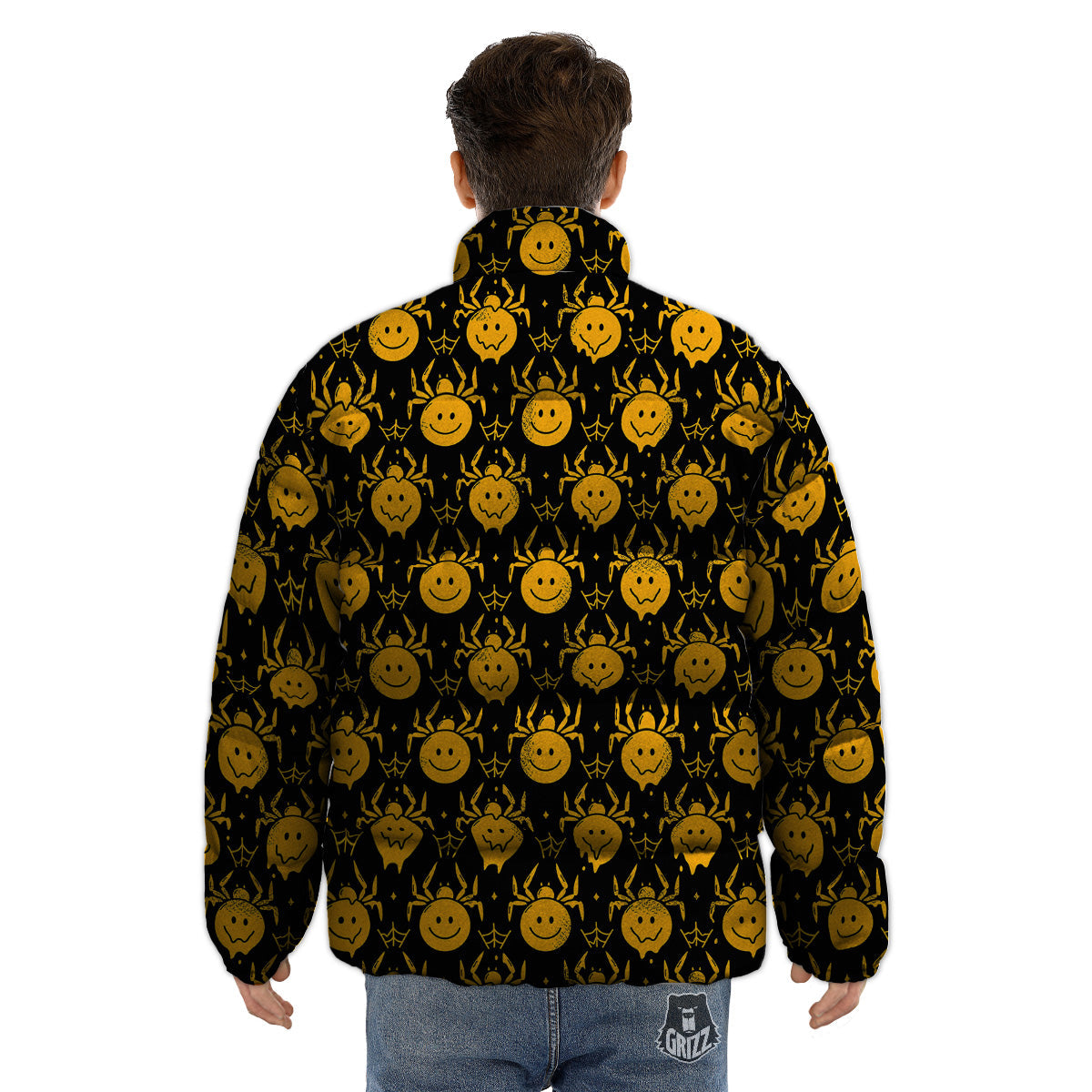 Yellow Spider Psychedelic Melt Print Pattern Puffer Jacket-grizzshop