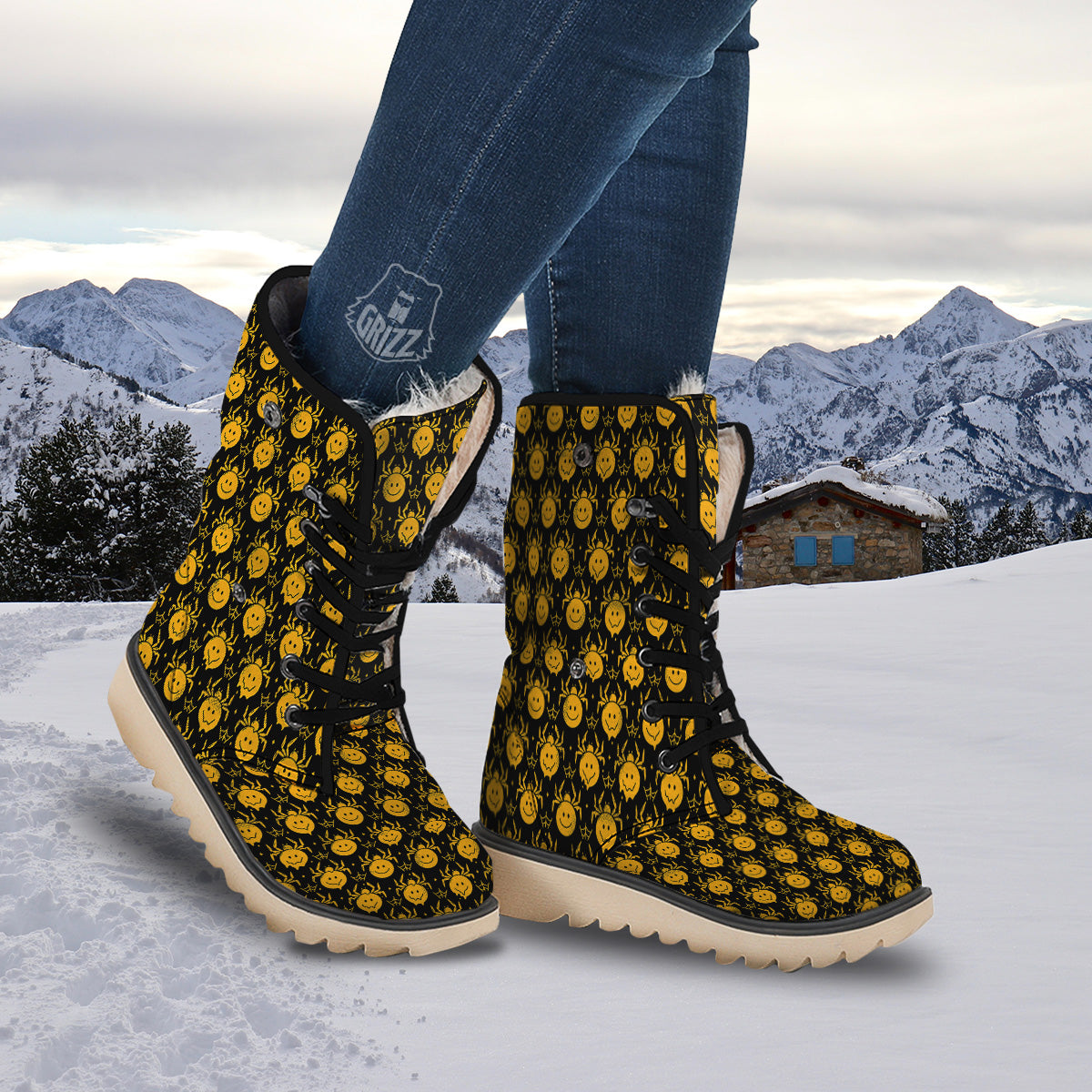 Yellow Spider Psychedelic Melt Print Pattern Snow Boots-grizzshop