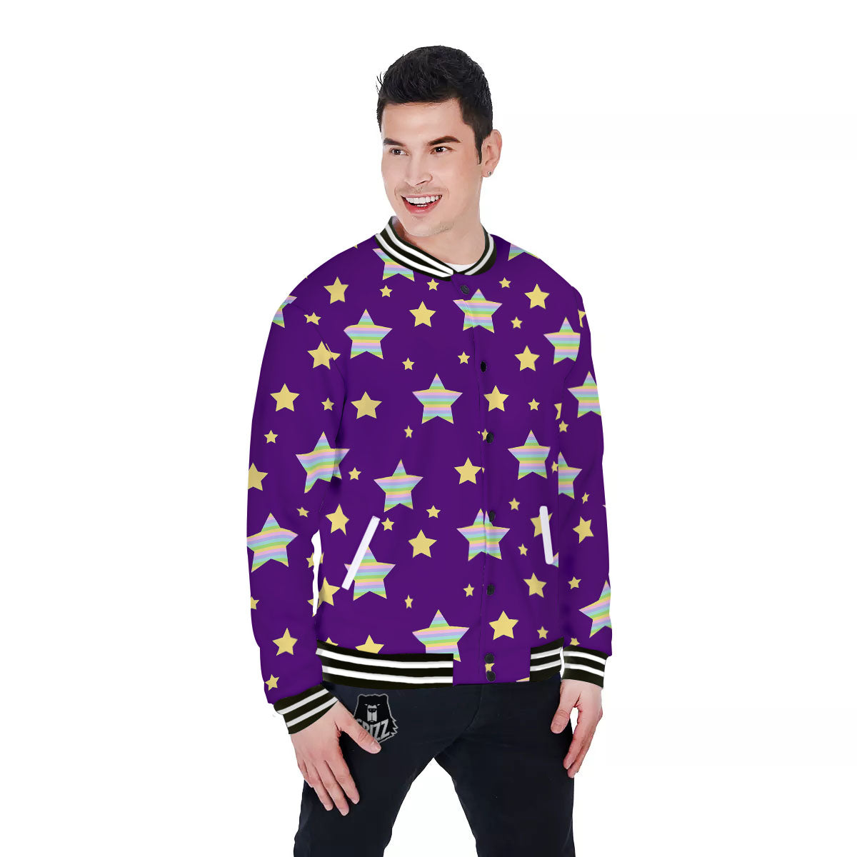 Yellow Stars Purple Print Pattern Baseball Jacket-grizzshop