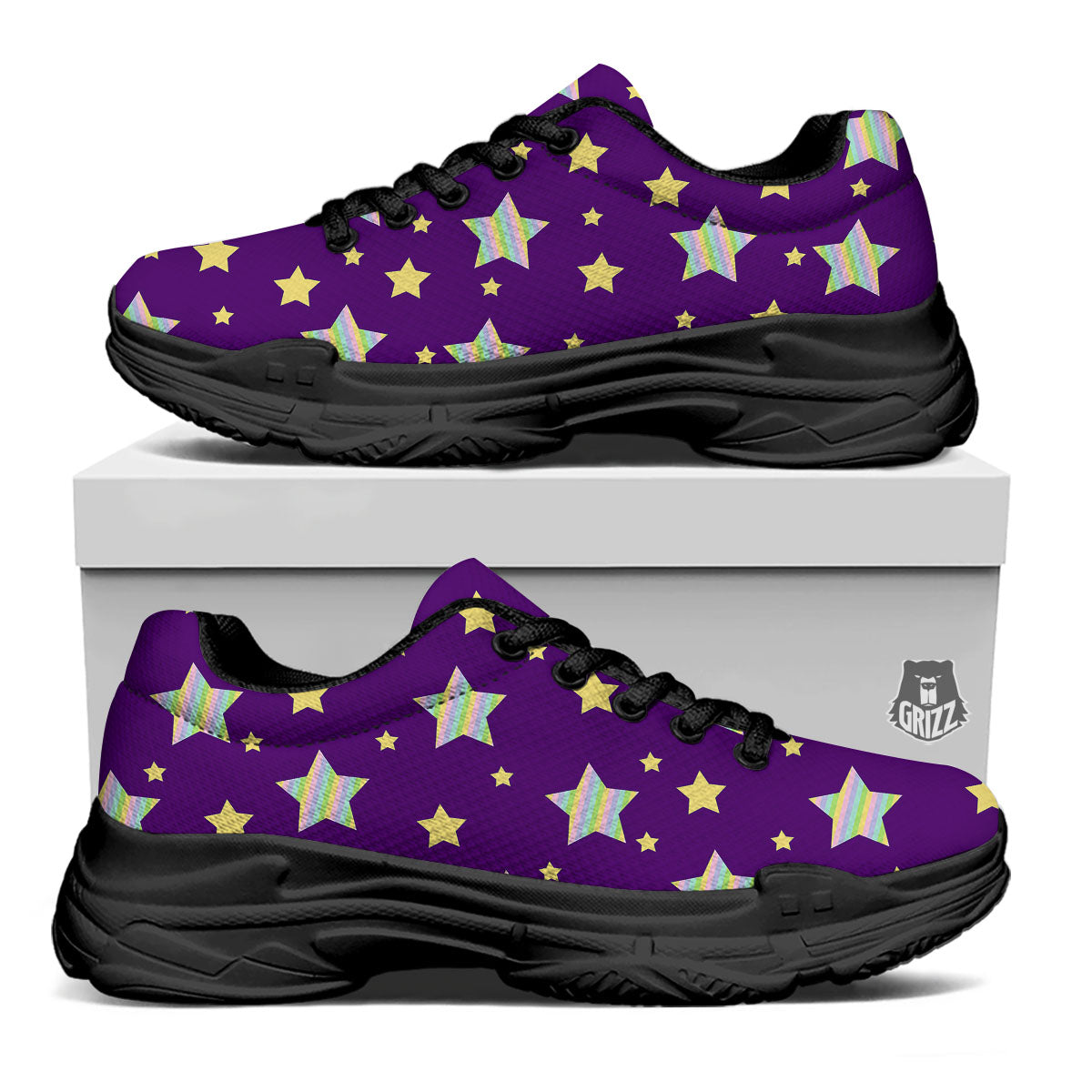 Yellow Stars Purple Print Pattern Black Chunky Shoes-grizzshop