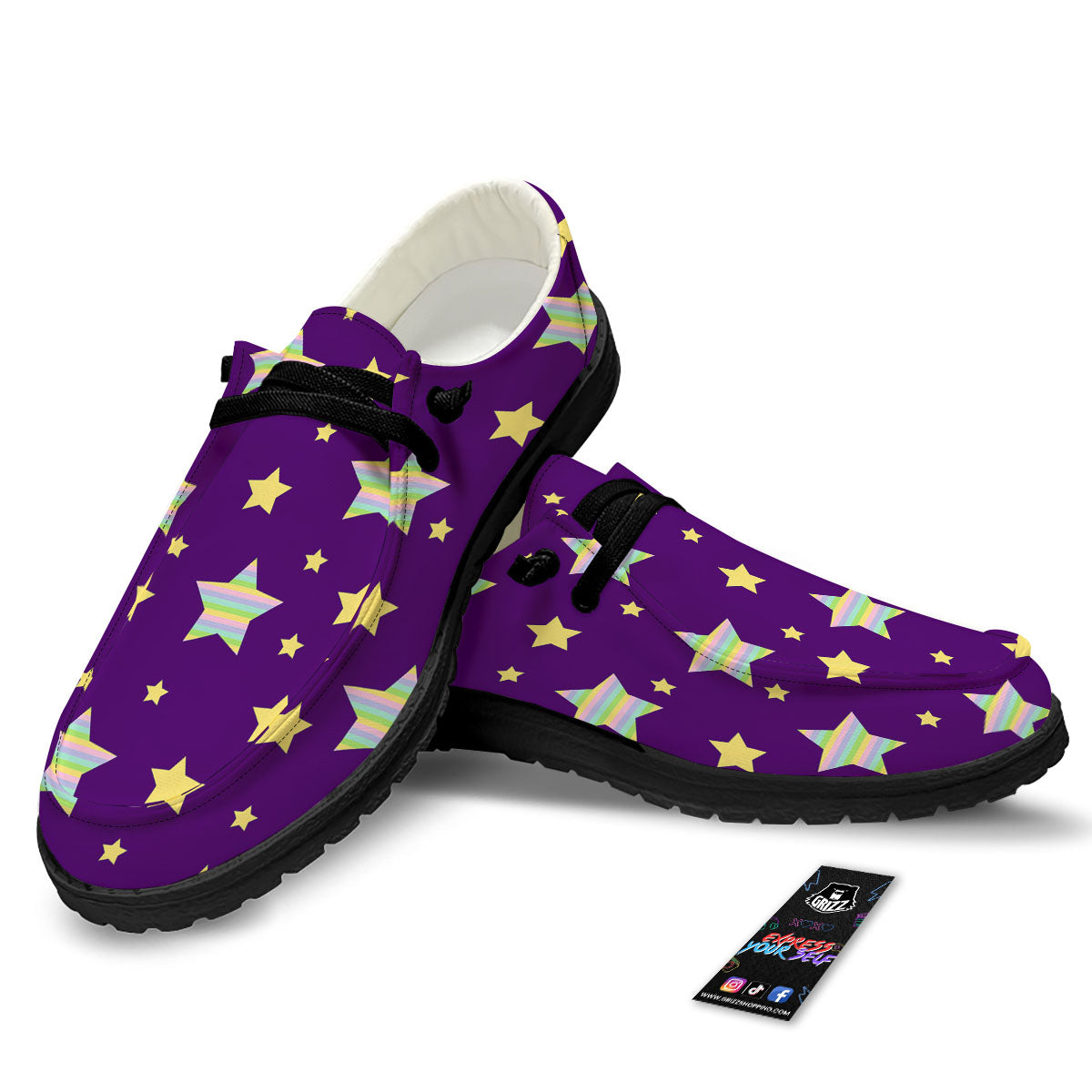 Yellow Stars Purple Print Pattern Black Loafers-grizzshop