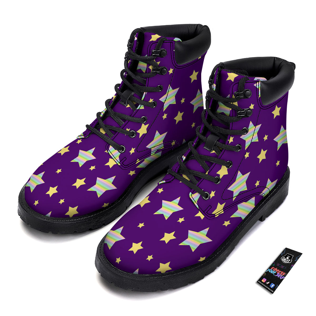 Yellow Stars Purple Print Pattern Boots-grizzshop