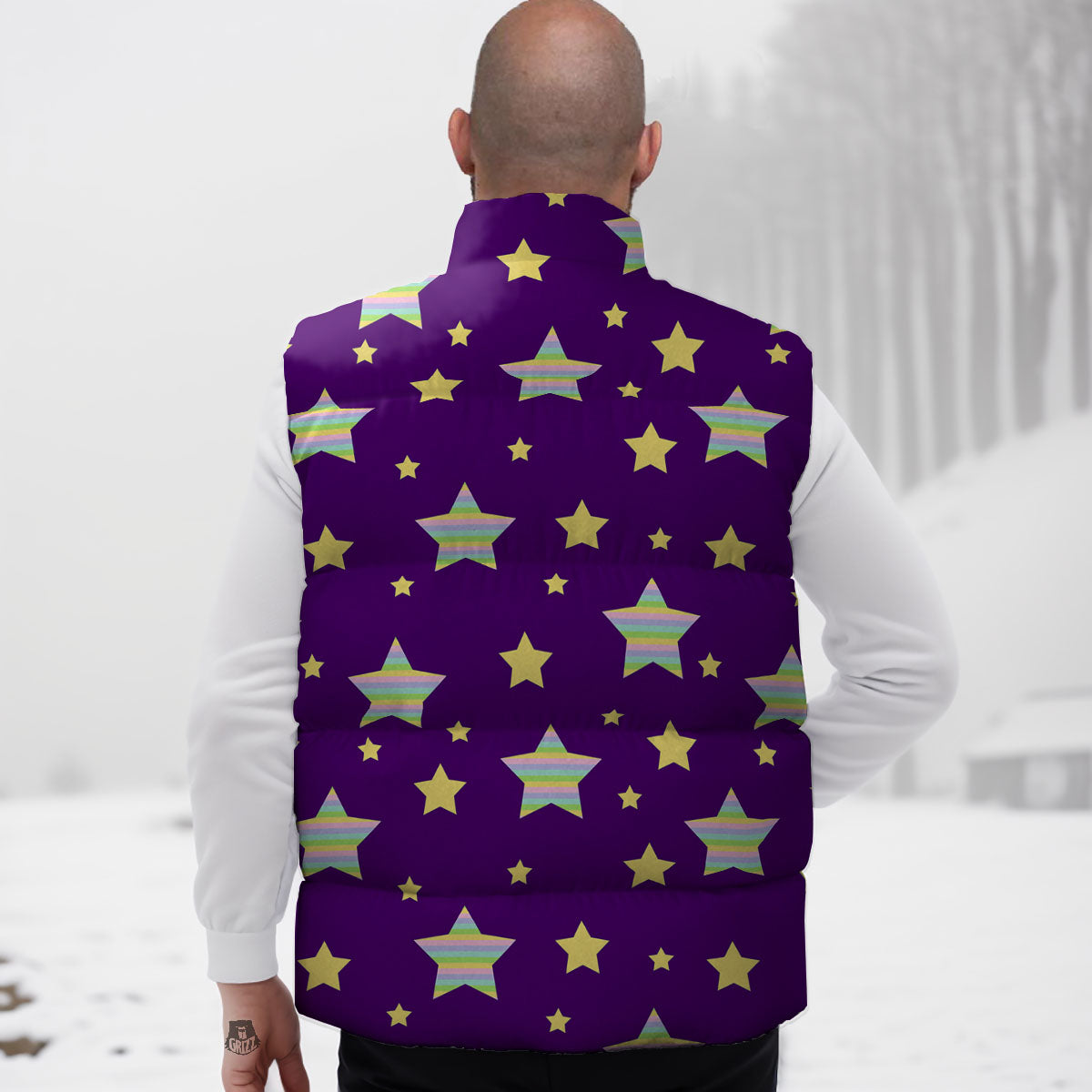 Yellow Stars Purple Print Pattern Down Vest