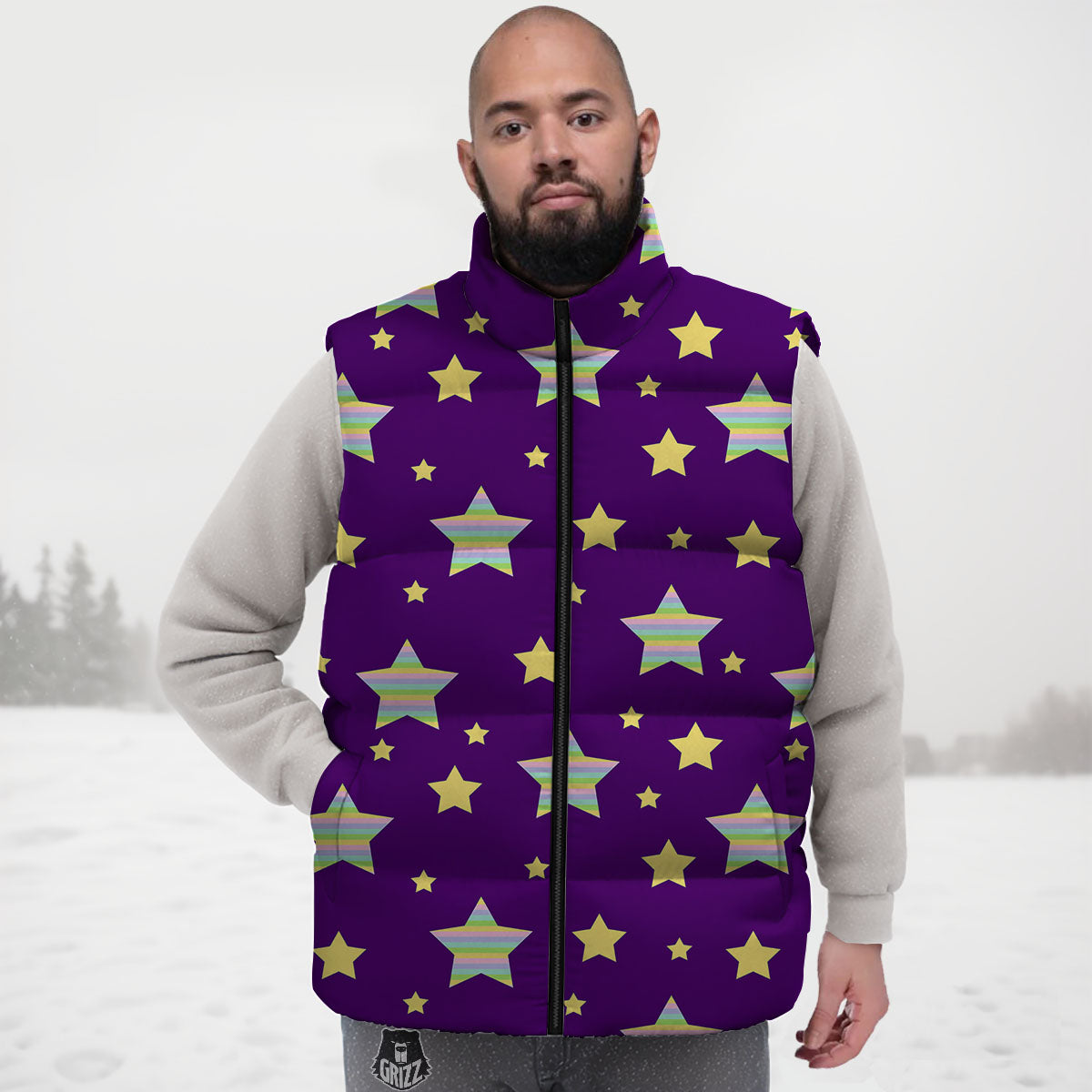 Yellow Stars Purple Print Pattern Down Vest