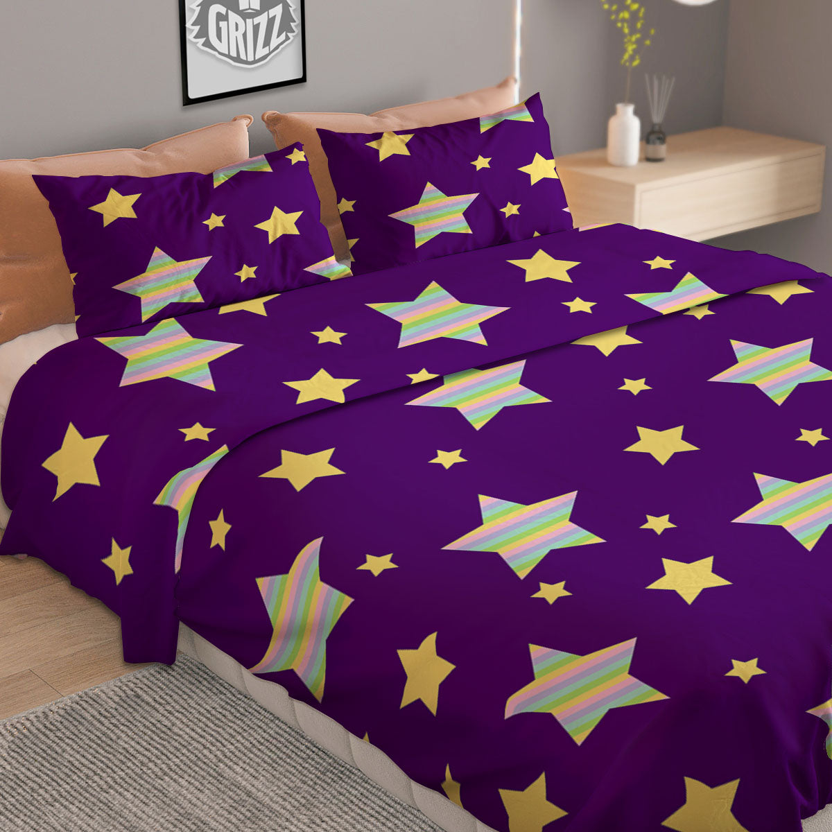 Yellow Stars Purple Print Pattern Duvet Cover Bedding Set