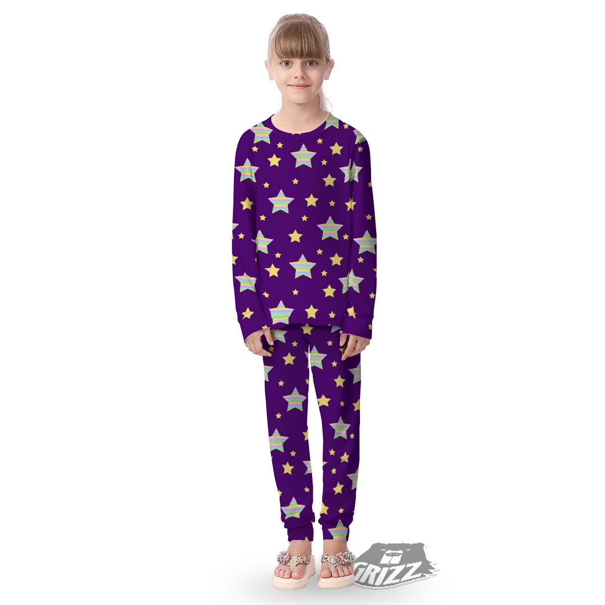 Yellow Stars Purple Print Pattern Kid's Pajamas-grizzshop