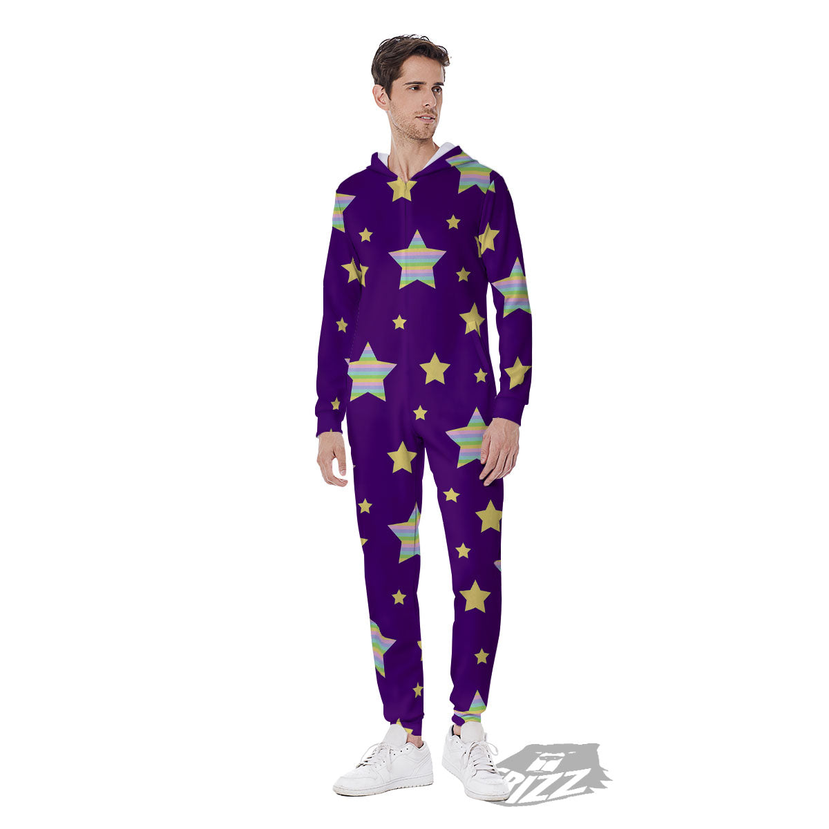 Yellow Stars Purple Print Pattern Men's Jumpsuit-grizzshop