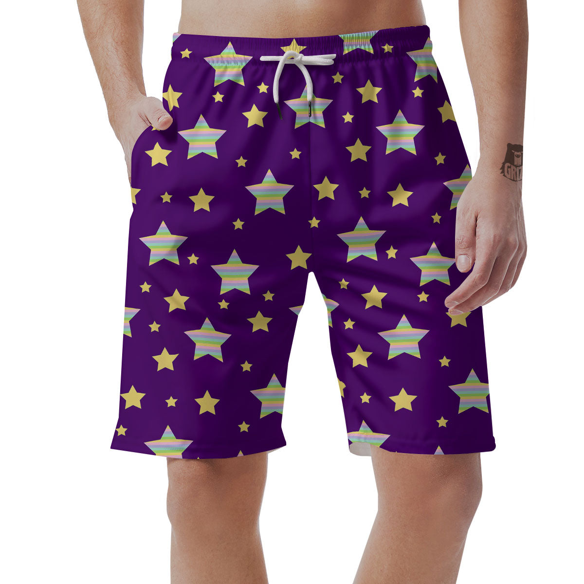 Yellow Stars Purple Print Pattern Men's Shorts-grizzshop