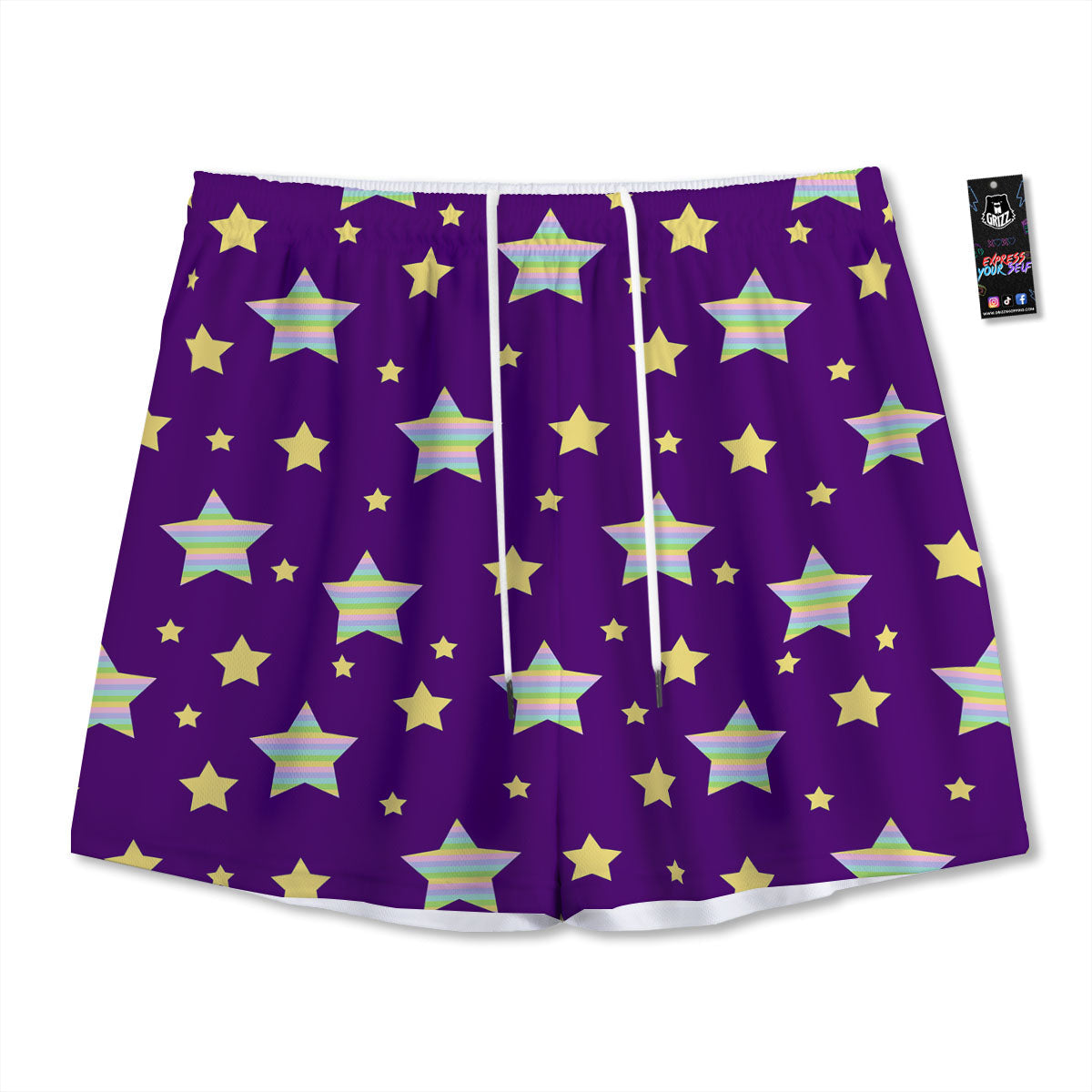 Yellow Stars Purple Print Pattern Mesh Shorts