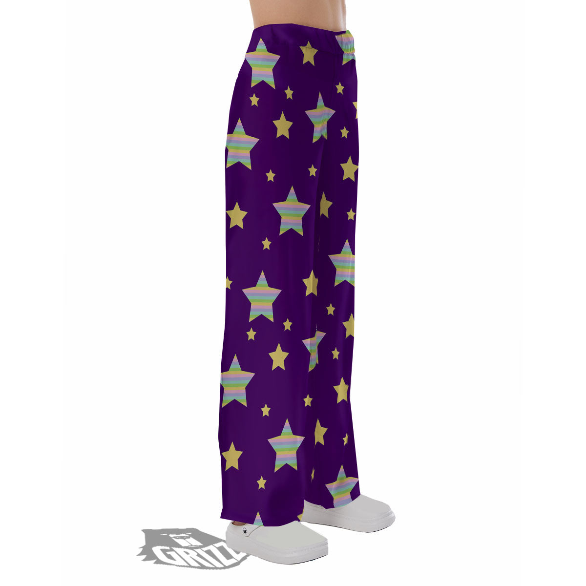 Yellow Stars Purple Print Pattern Pajama Pants-grizzshop