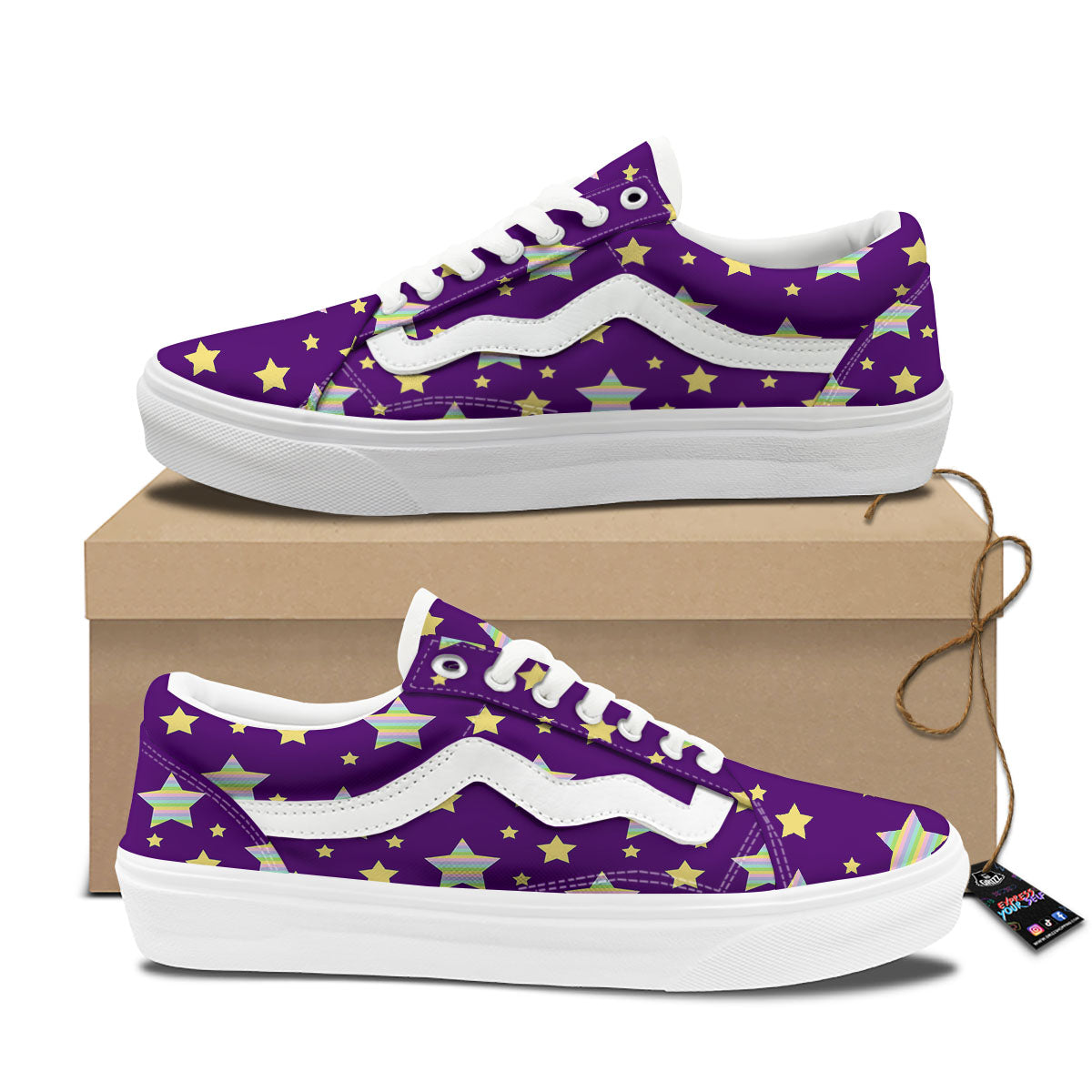 Yellow Stars Purple Print Pattern Skate Shoes-grizzshop