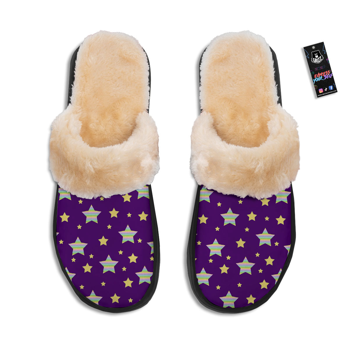 Yellow Stars Purple Print Pattern Slippers-grizzshop