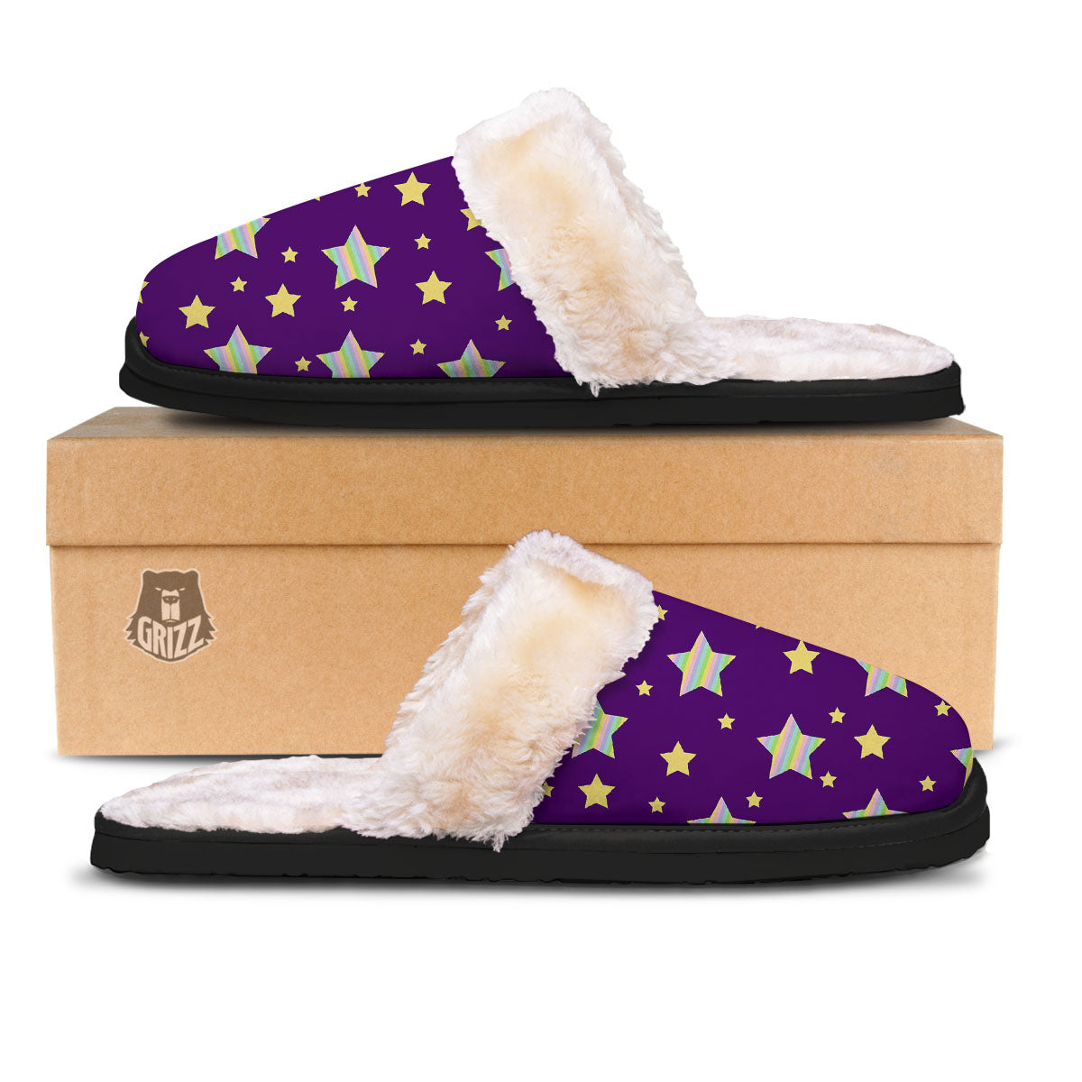 Yellow Stars Purple Print Pattern Slippers-grizzshop