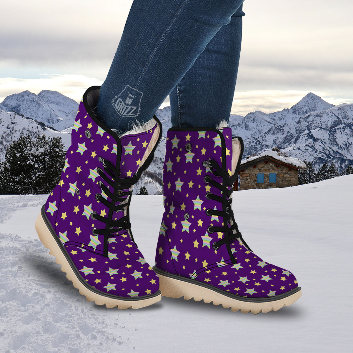 Yellow Stars Purple Print Pattern Snow Boots-grizzshop