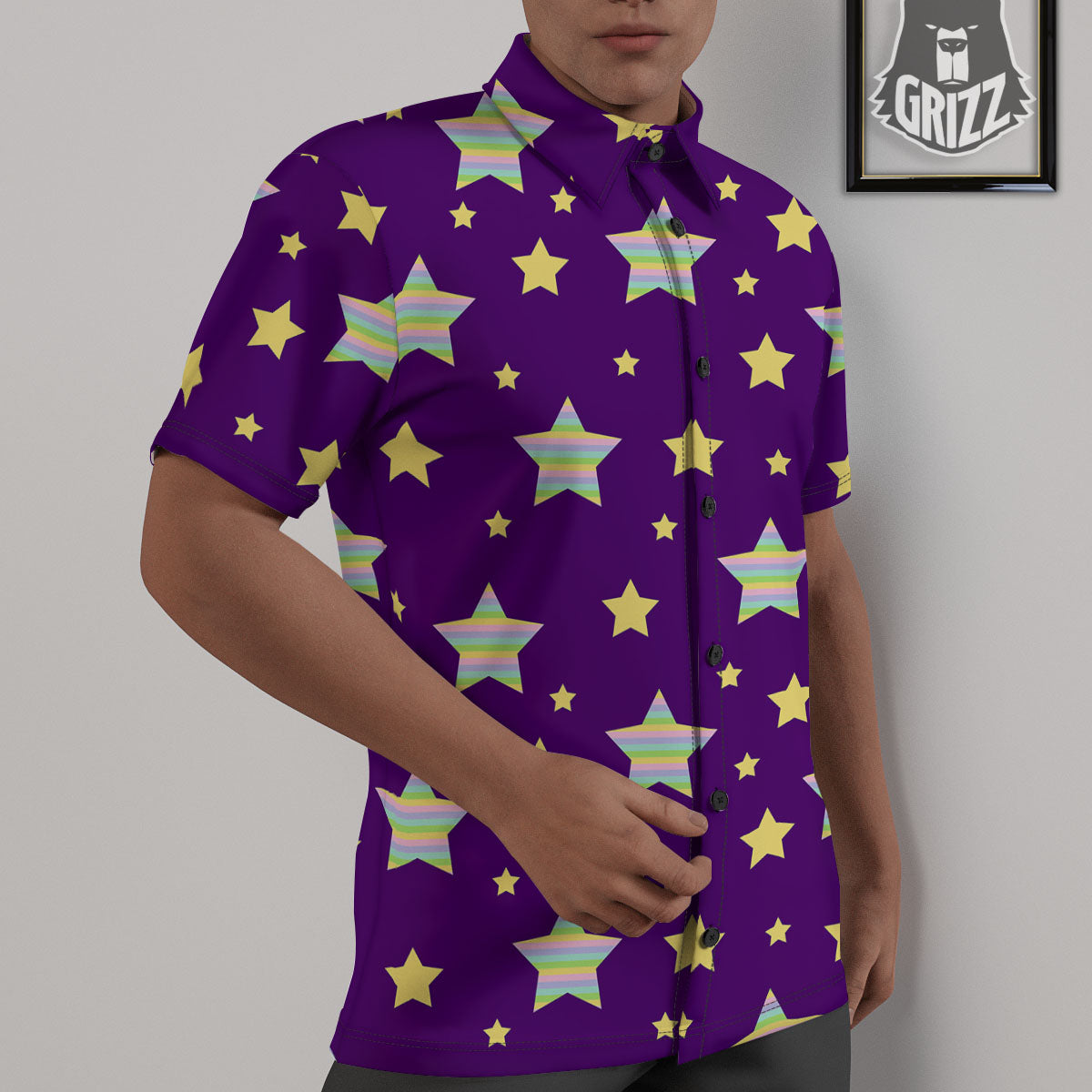 Yellow Stars Purple Print Pattern Untucked Shirts-grizzshop