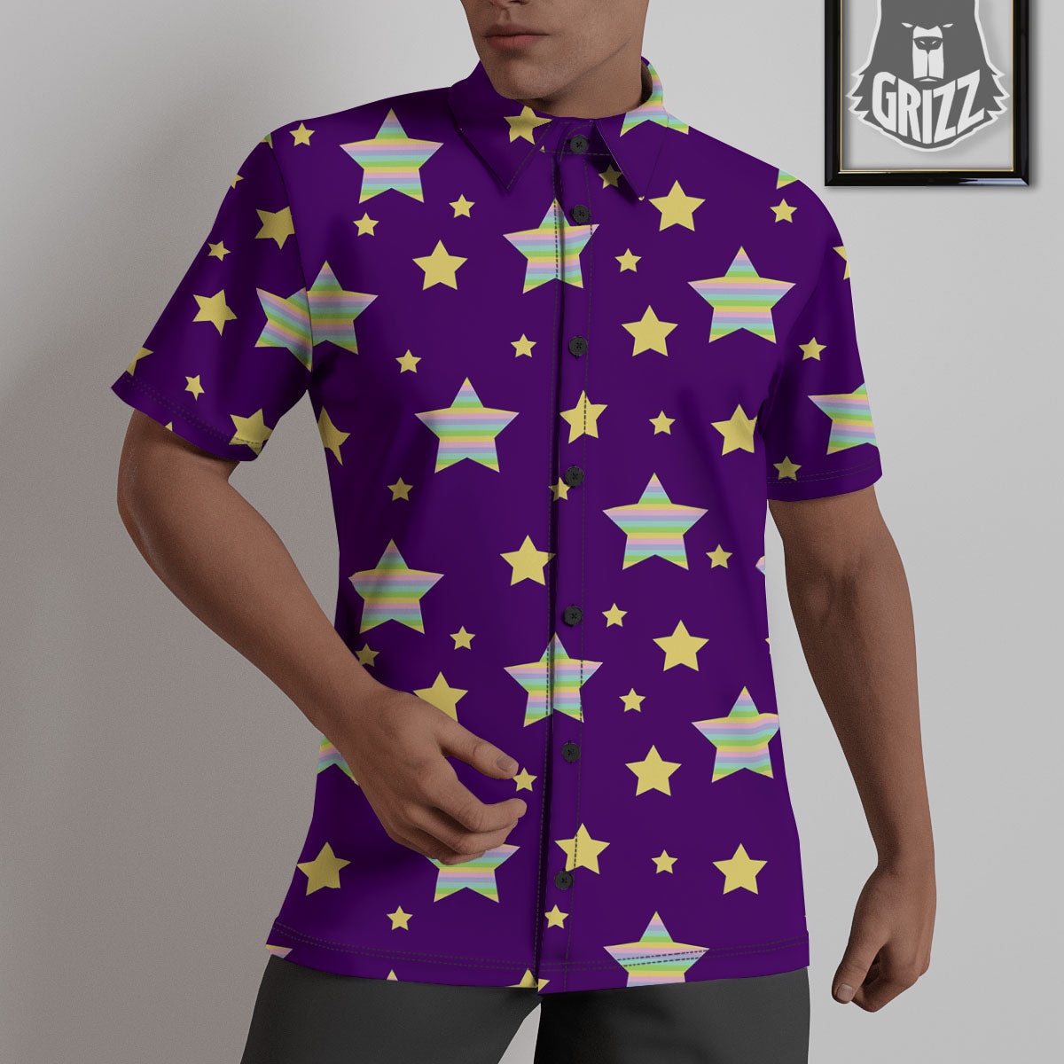Yellow Stars Purple Print Pattern Untucked Shirts-grizzshop