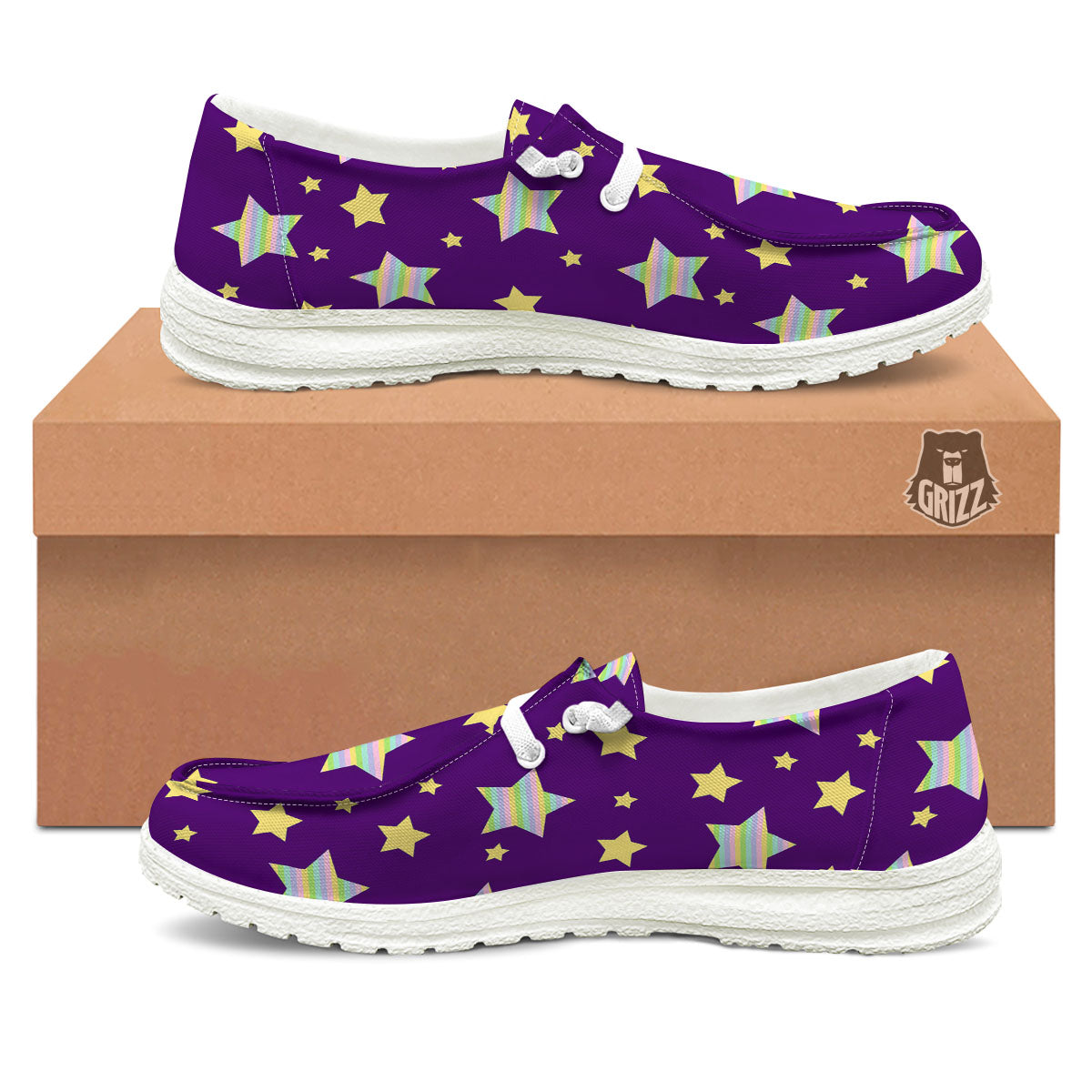 Yellow Stars Purple Print Pattern White Loafers-grizzshop