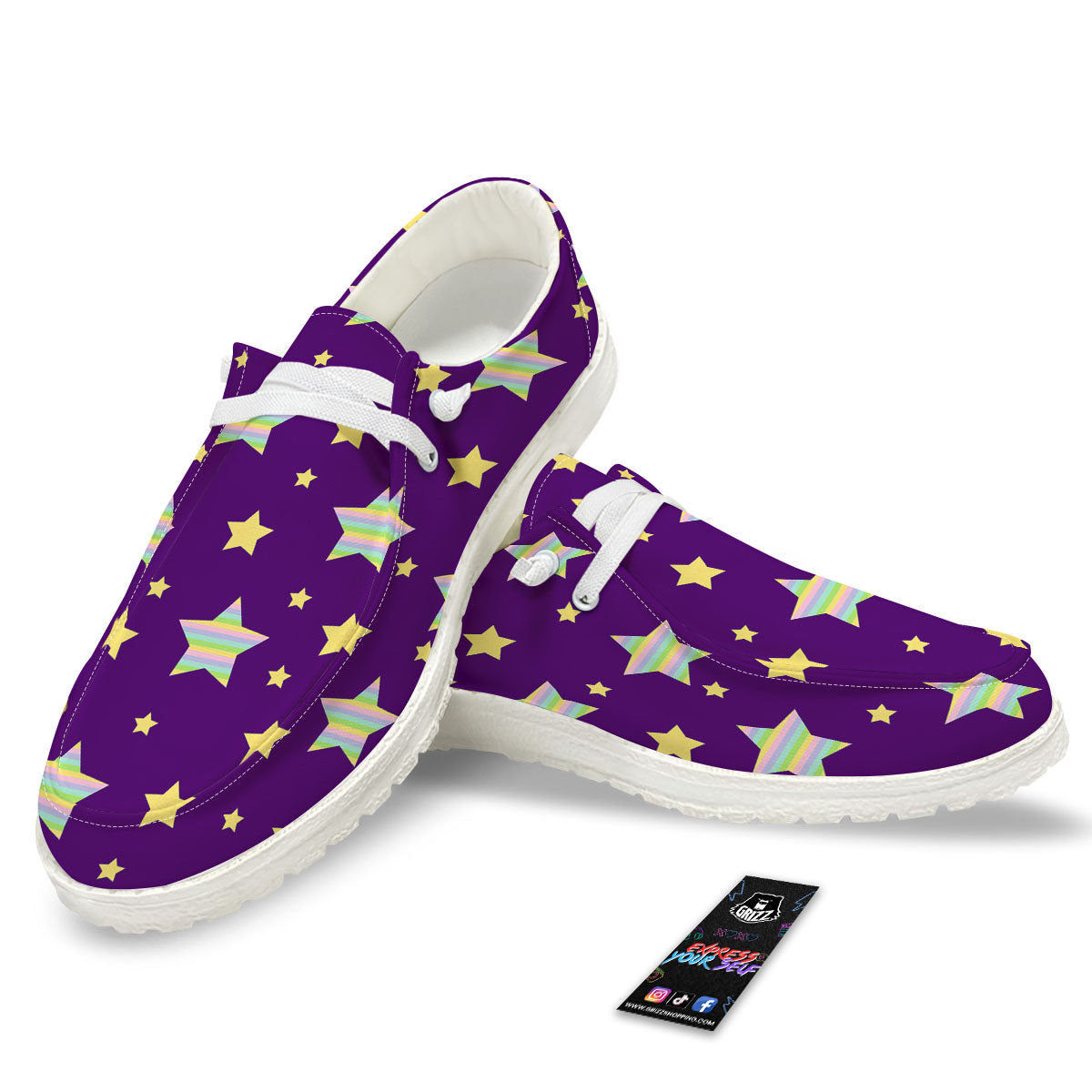 Yellow Stars Purple Print Pattern White Loafers-grizzshop