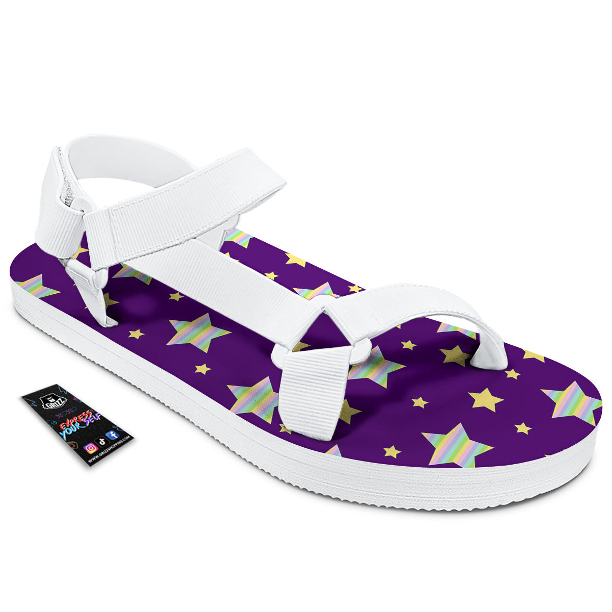 Yellow Stars Purple Print Pattern White Open Toe Sandals-grizzshop