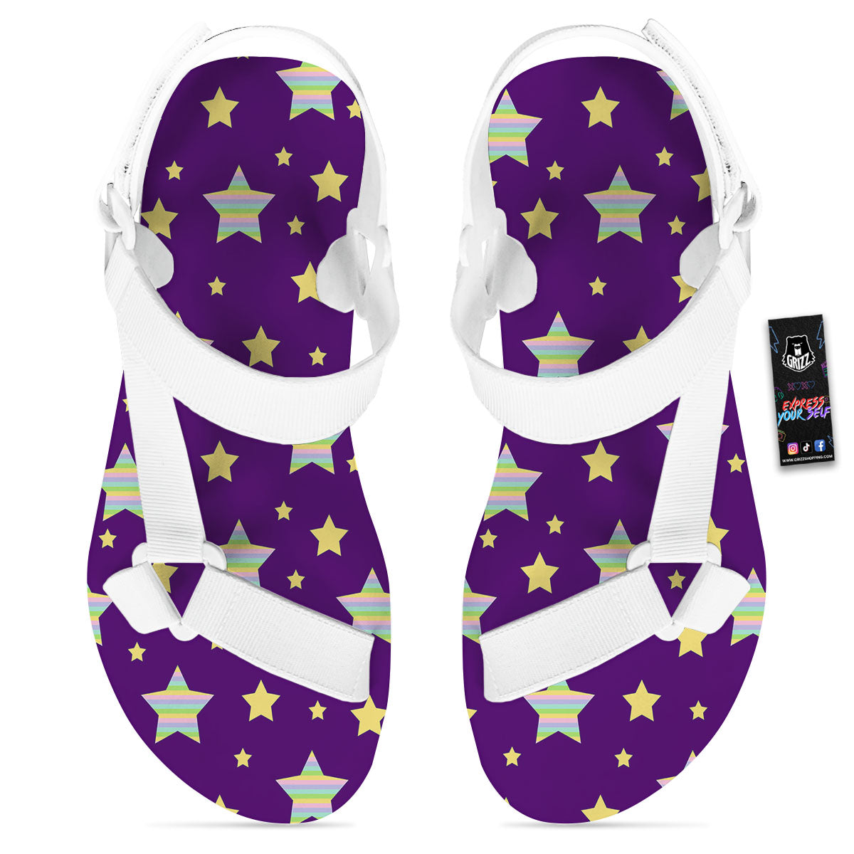 Yellow Stars Purple Print Pattern White Open Toe Sandals-grizzshop