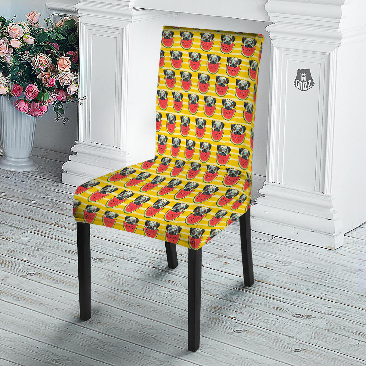 Yellow Striped Pug Dog Print Pattern Dining Chair Slipcover-grizzshop