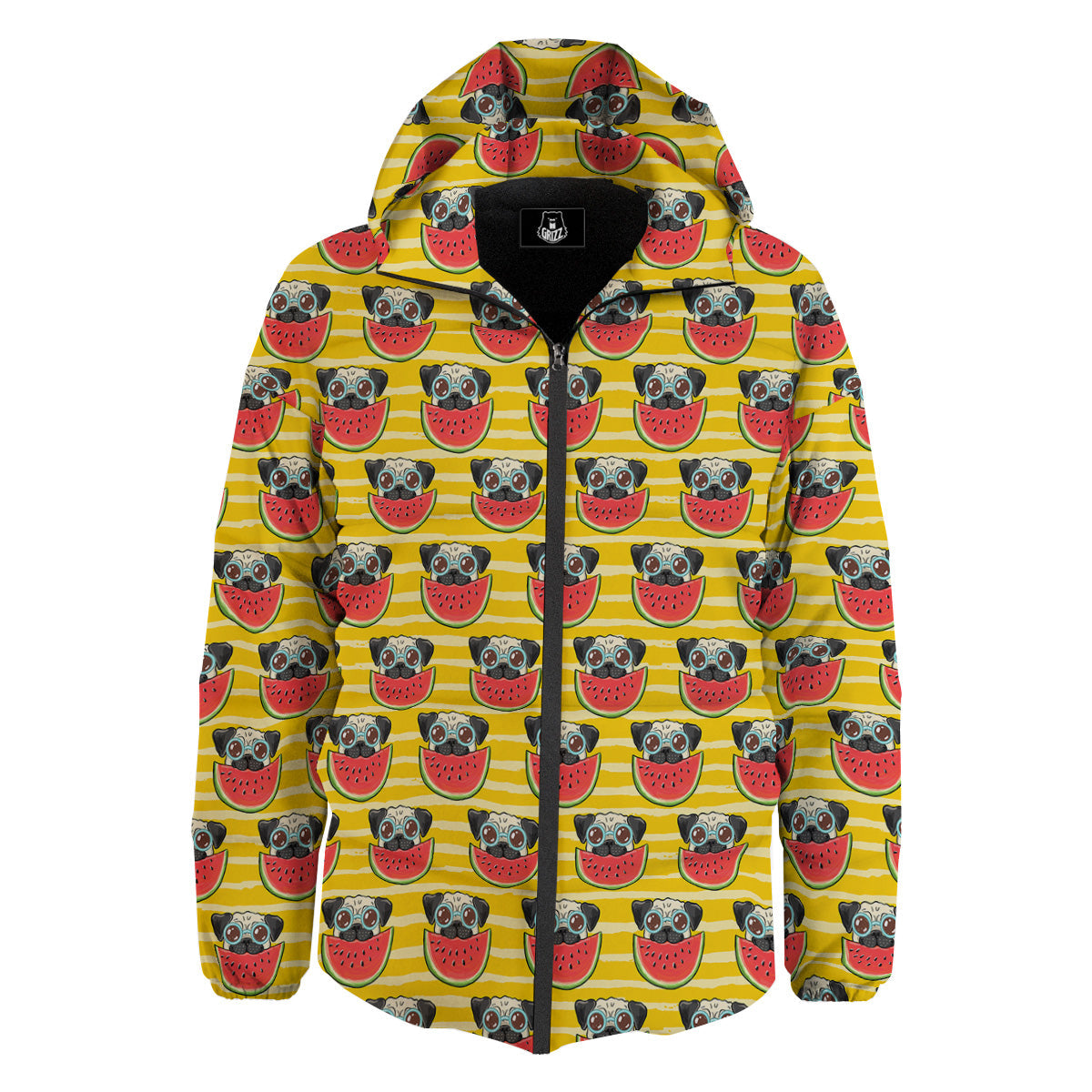Yellow Striped Pug Dog Print Pattern Down Jacket-grizzshop