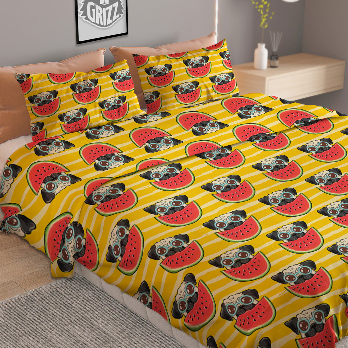 Yellow Striped Pug Dog Print Pattern Duvet Cover Bedding Set