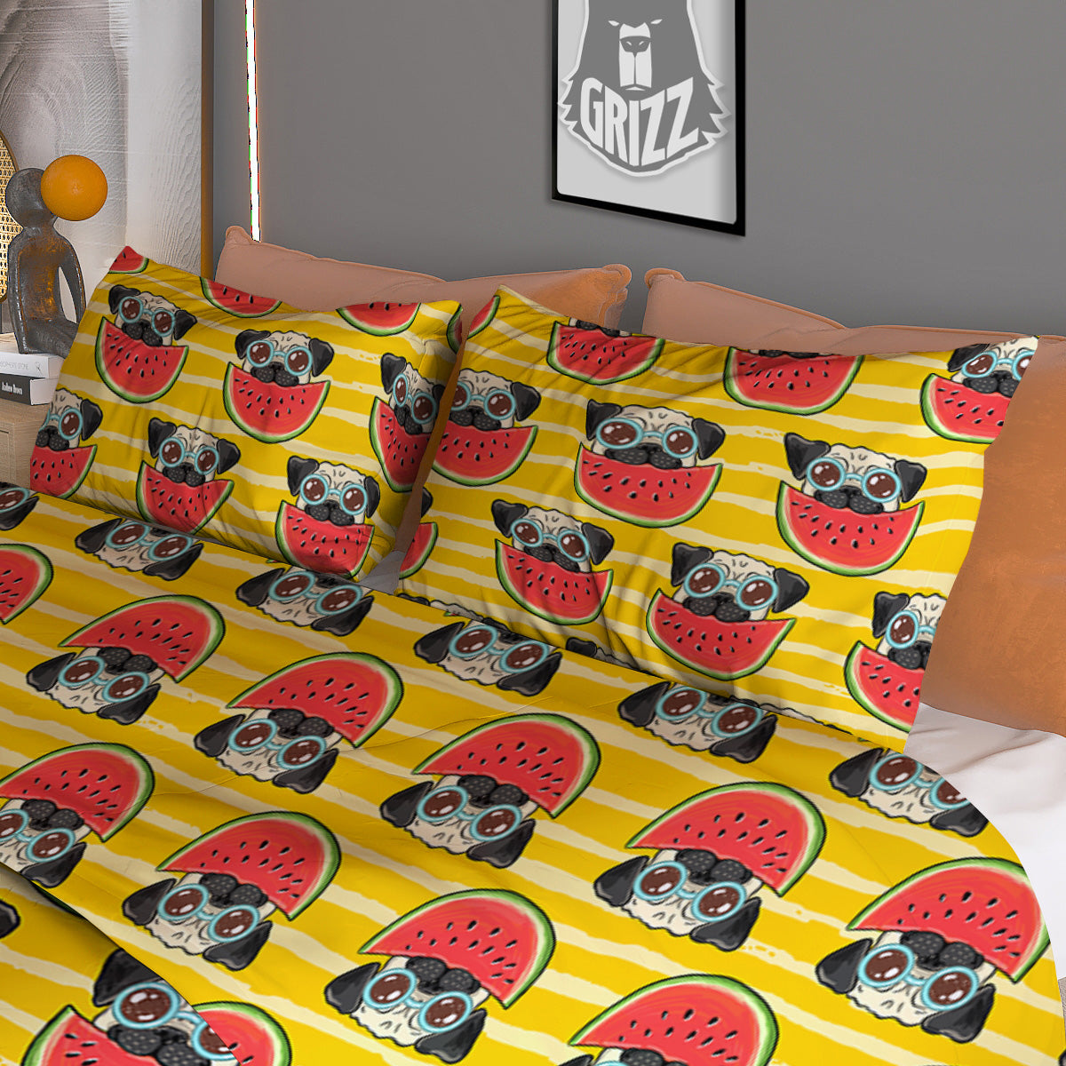 Yellow Striped Pug Dog Print Pattern Duvet Cover Bedding Set