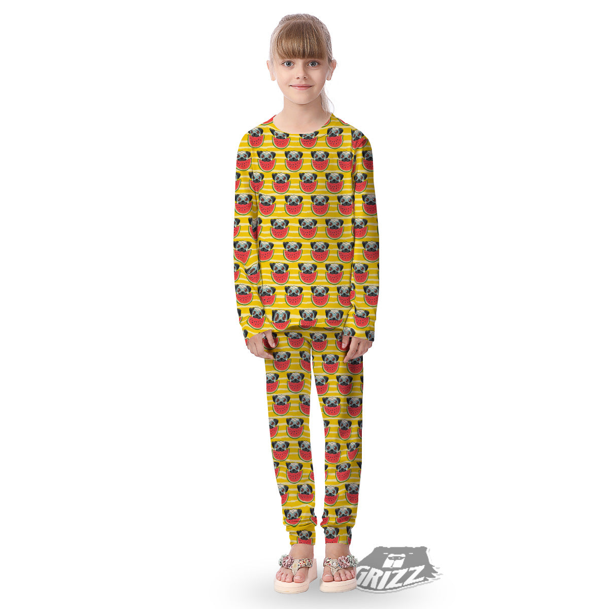 Yellow Striped Pug Dog Print Pattern Kid's Pajamas-grizzshop