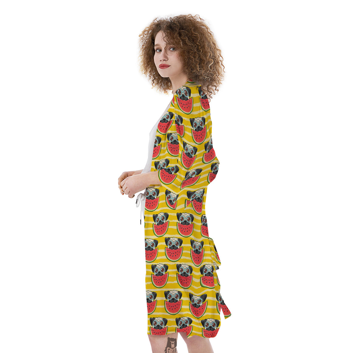 Yellow Striped Pug Dog Print Pattern Kimono-grizzshop