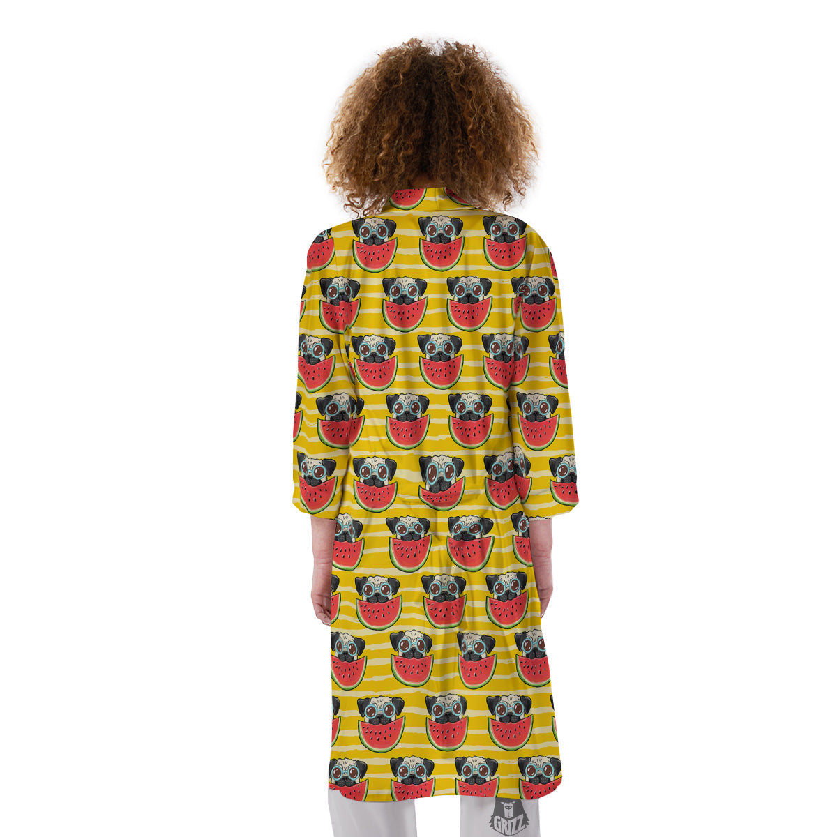 Yellow Striped Pug Dog Print Pattern Kimono-grizzshop