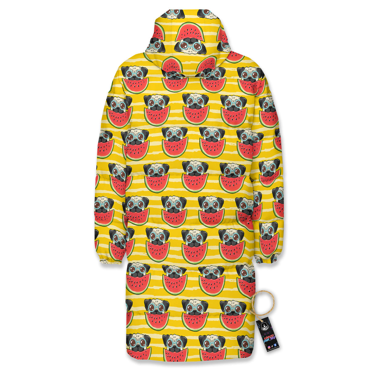 Yellow Striped Pug Dog Print Pattern Long Down Jacket-grizzshop