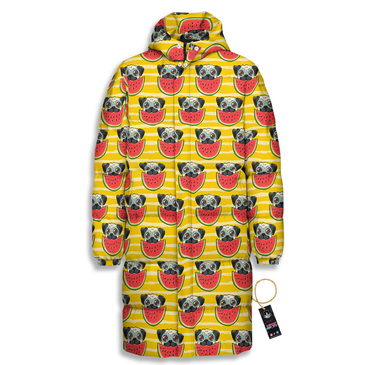 Yellow Striped Pug Dog Print Pattern Long Down Jacket-grizzshop