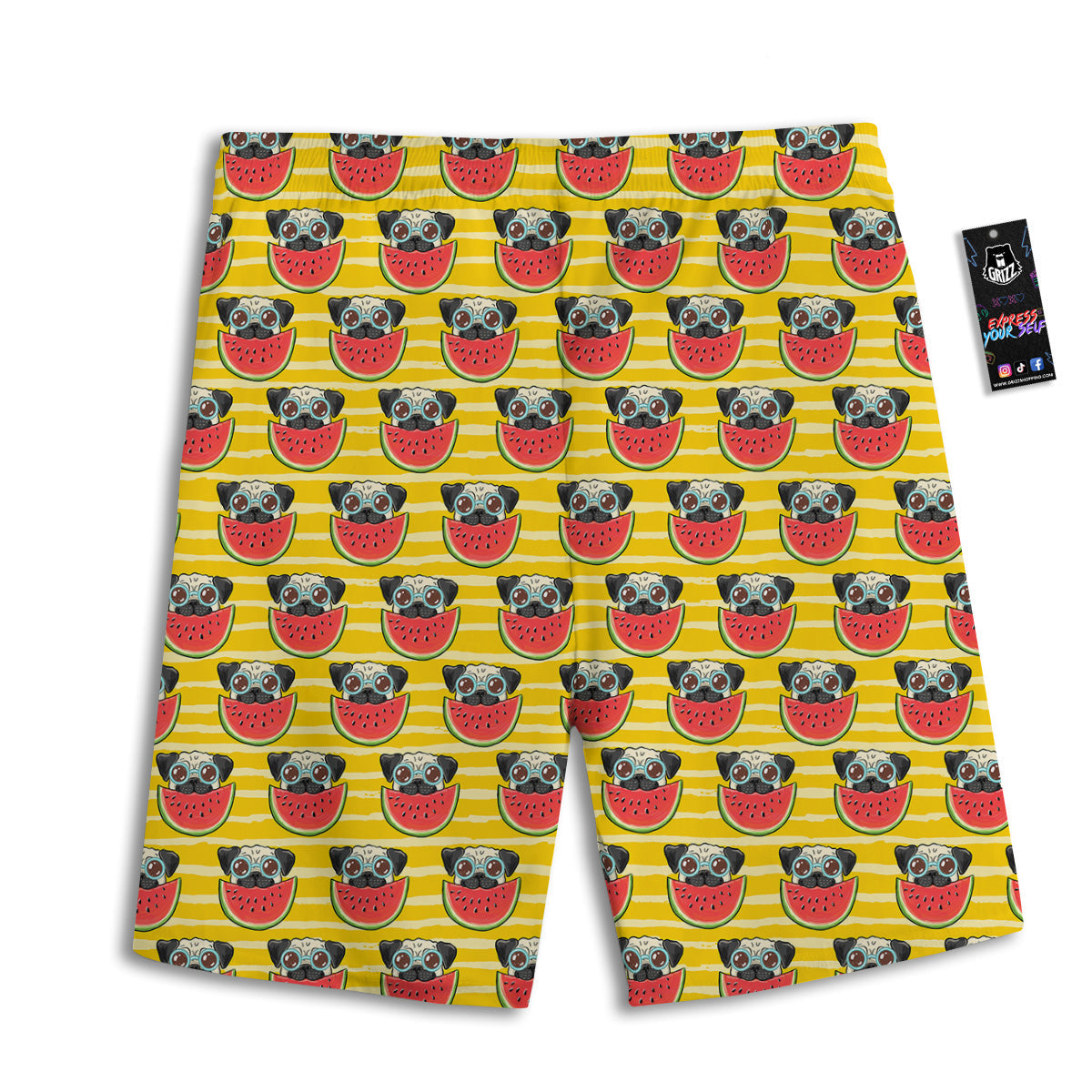 Yellow Striped Pug Dog Print Pattern Men's Athletic Shorts