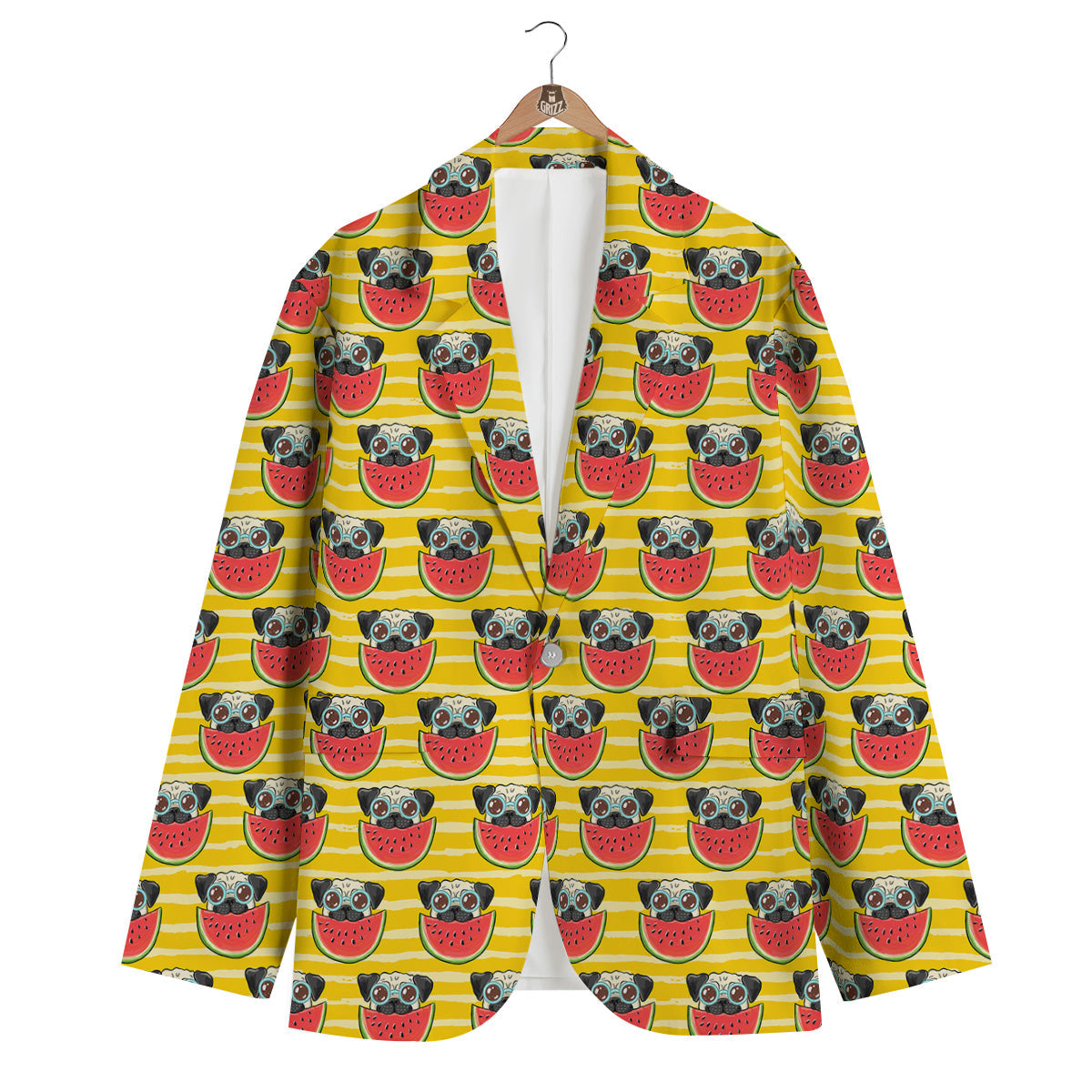 Yellow Striped Pug Dog Print Pattern Men's Blazer-grizzshop