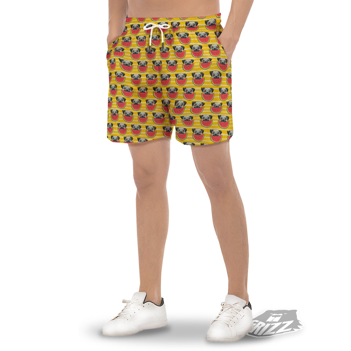 Yellow Striped Pug Dog Print Pattern Men's Gym Shorts-grizzshop