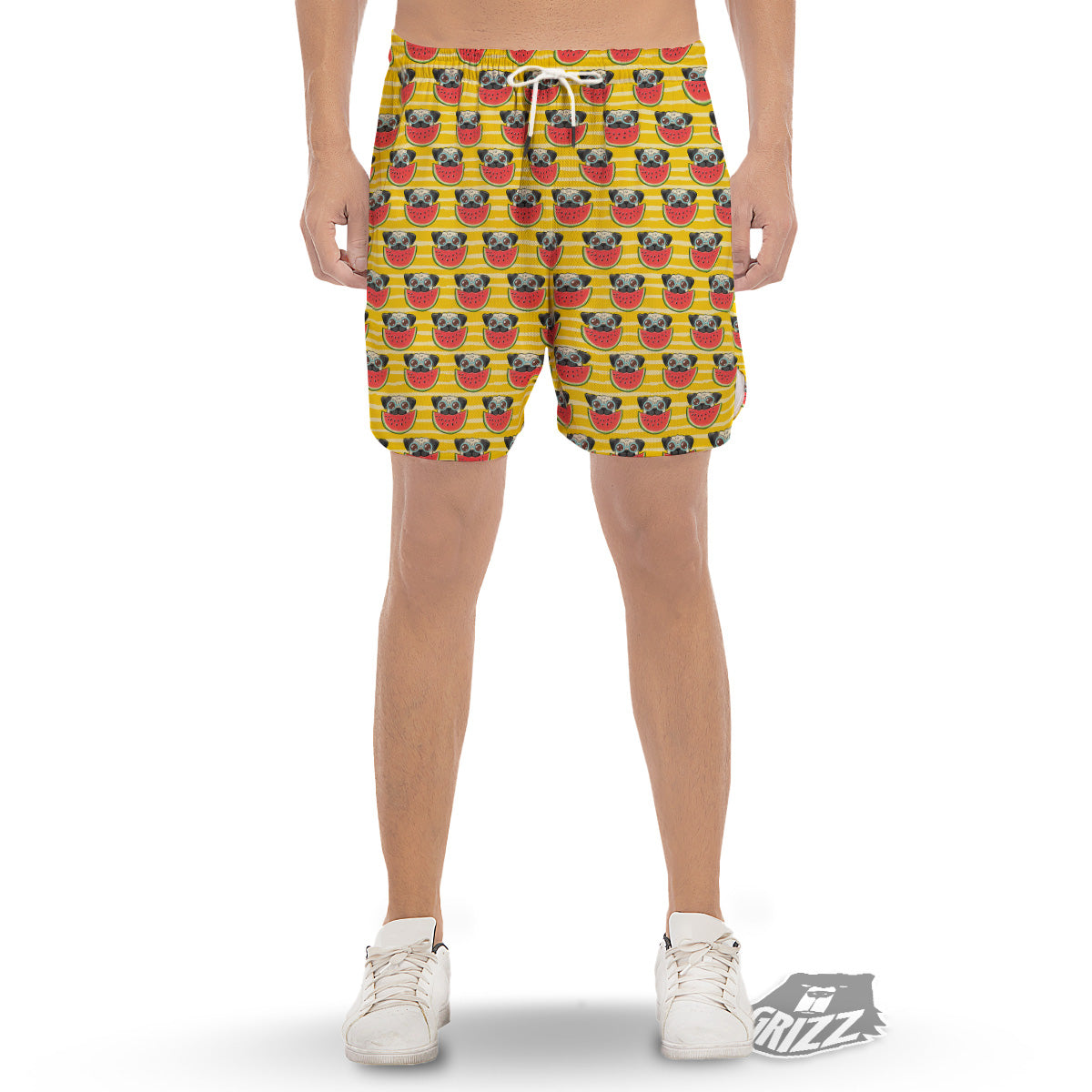 Yellow Striped Pug Dog Print Pattern Men's Gym Shorts-grizzshop