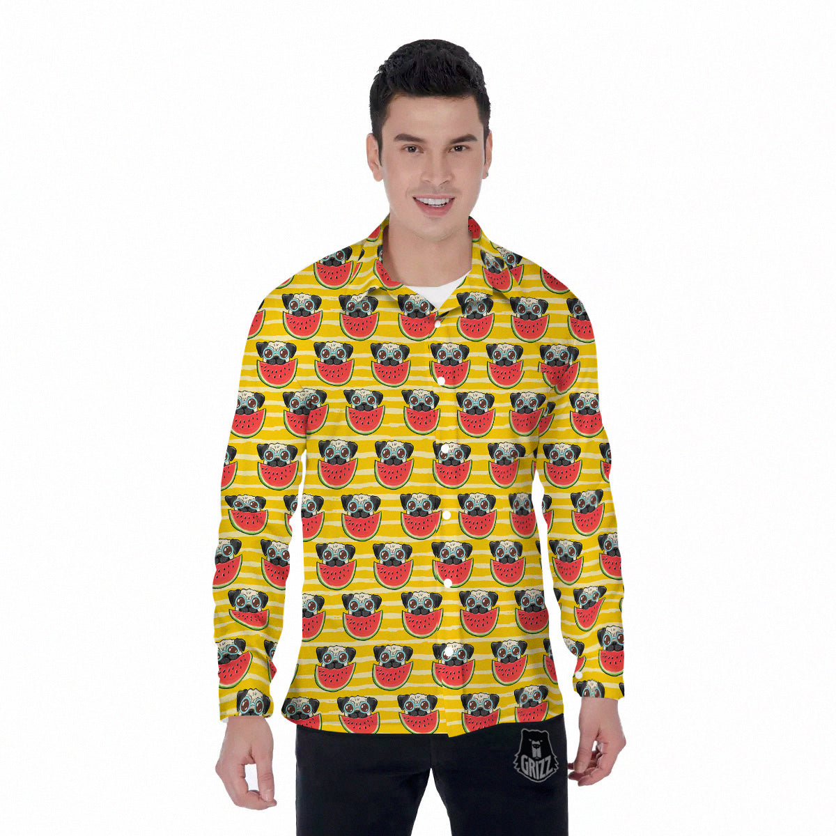 Yellow Striped Pug Dog Print Pattern Men's Long Sleeve Shirts-grizzshop