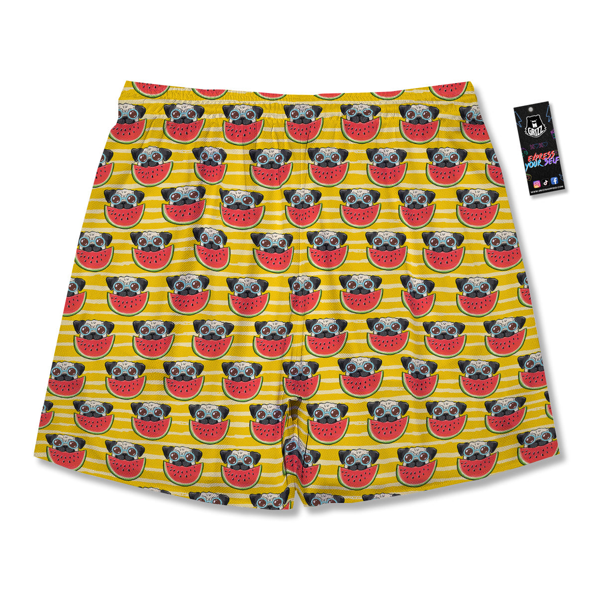 Yellow Striped Pug Dog Print Pattern Men's Running Shorts-grizzshop