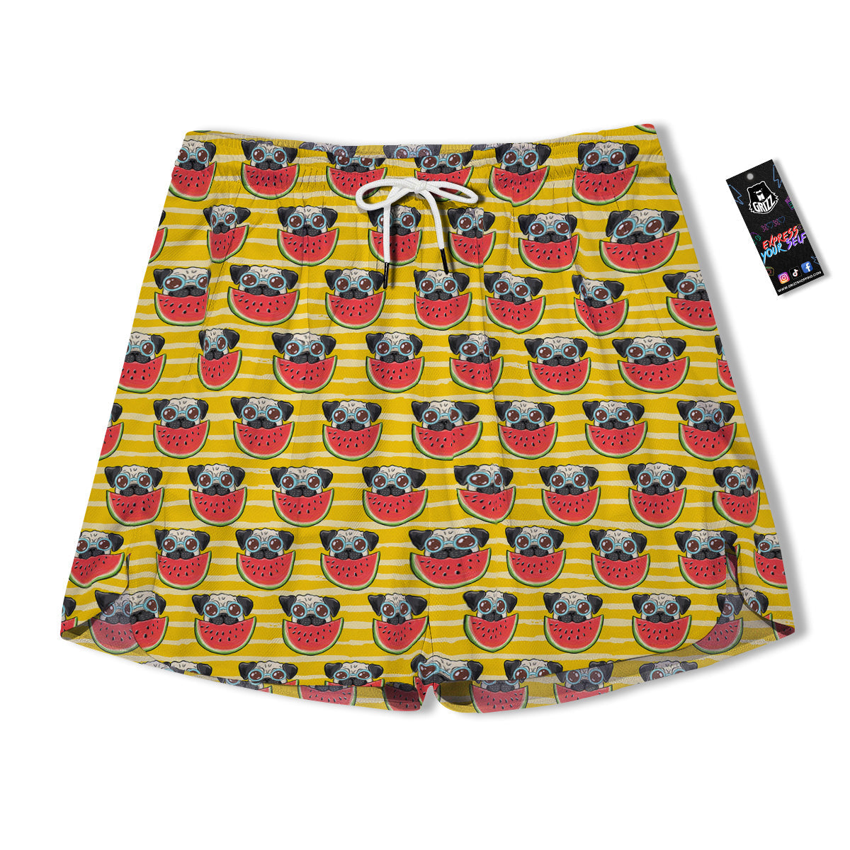 Yellow Striped Pug Dog Print Pattern Men's Running Shorts-grizzshop