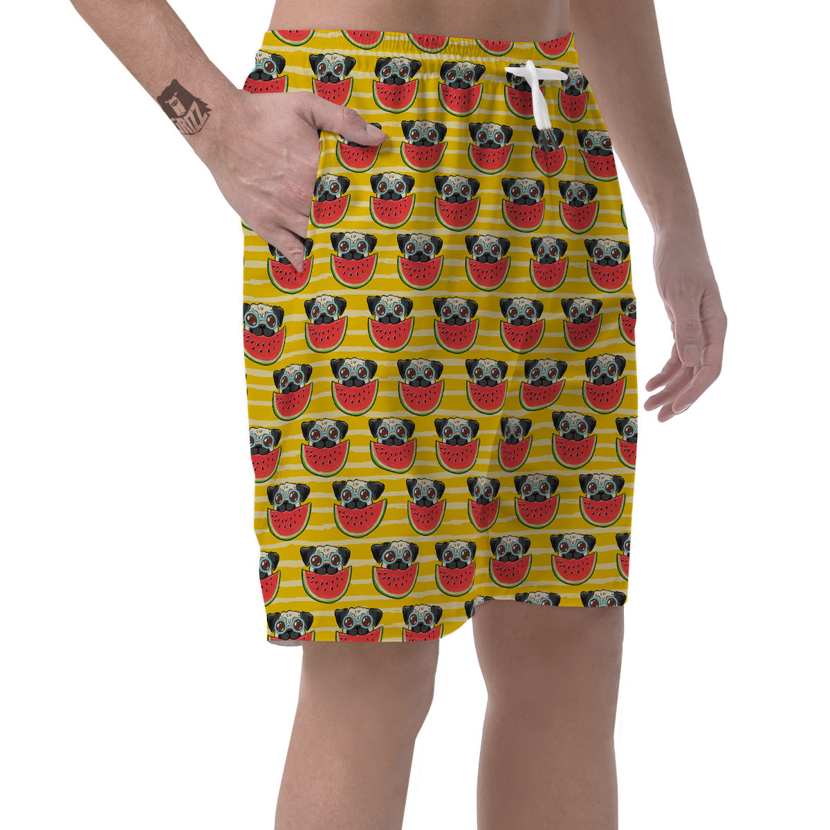 Yellow Striped Pug Dog Print Pattern Men's Shorts-grizzshop