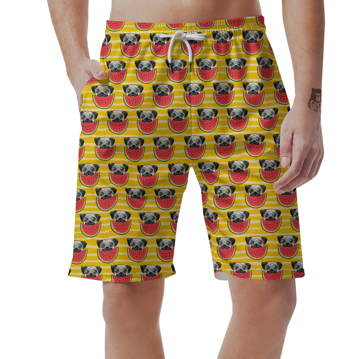 Yellow Striped Pug Dog Print Pattern Men's Shorts-grizzshop