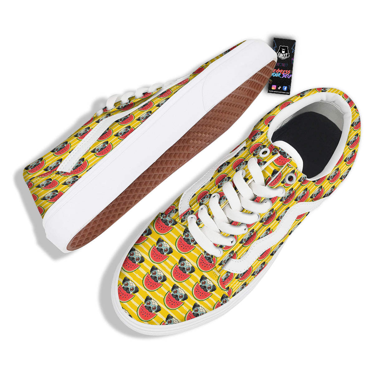 Yellow Striped Pug Dog Print Pattern Skate Shoes-grizzshop